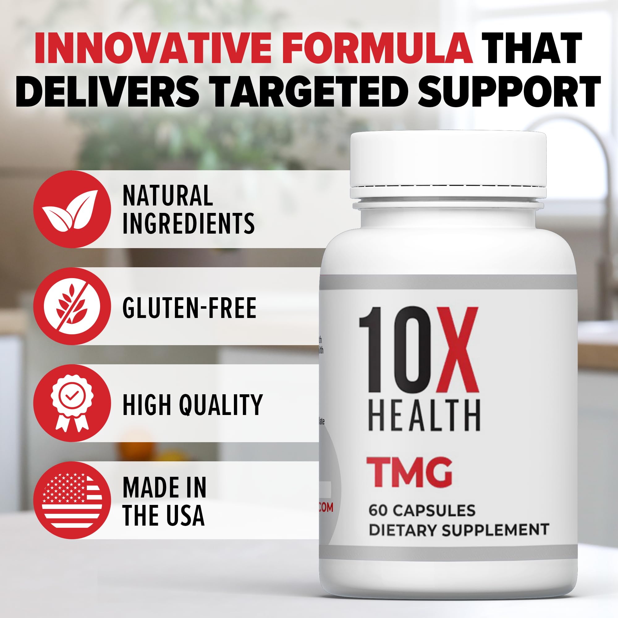 10X Health System TMG Supplement lifestyle scene with a glass of water