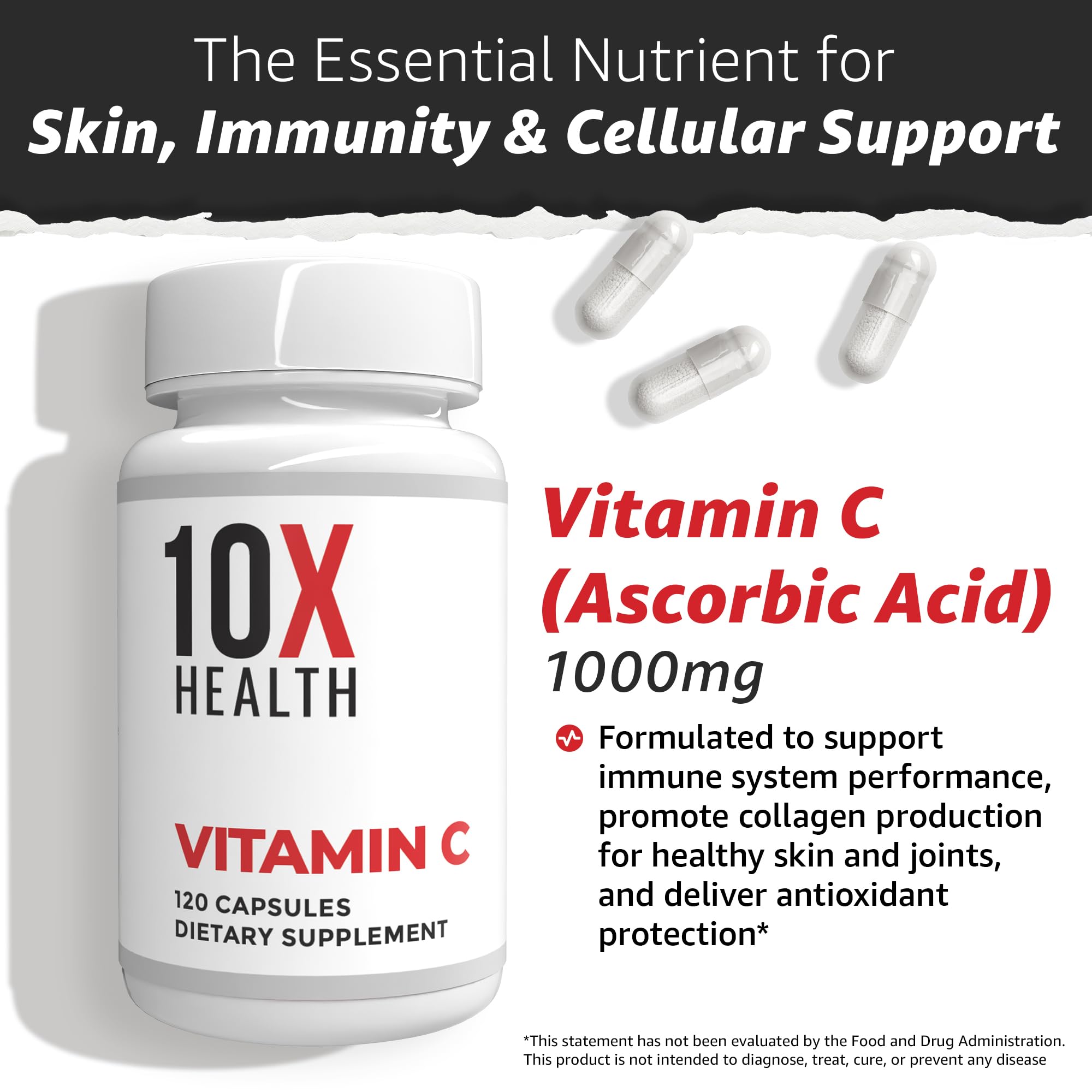 10X Health System Vitamin C 1000mg Capsules on a wooden table