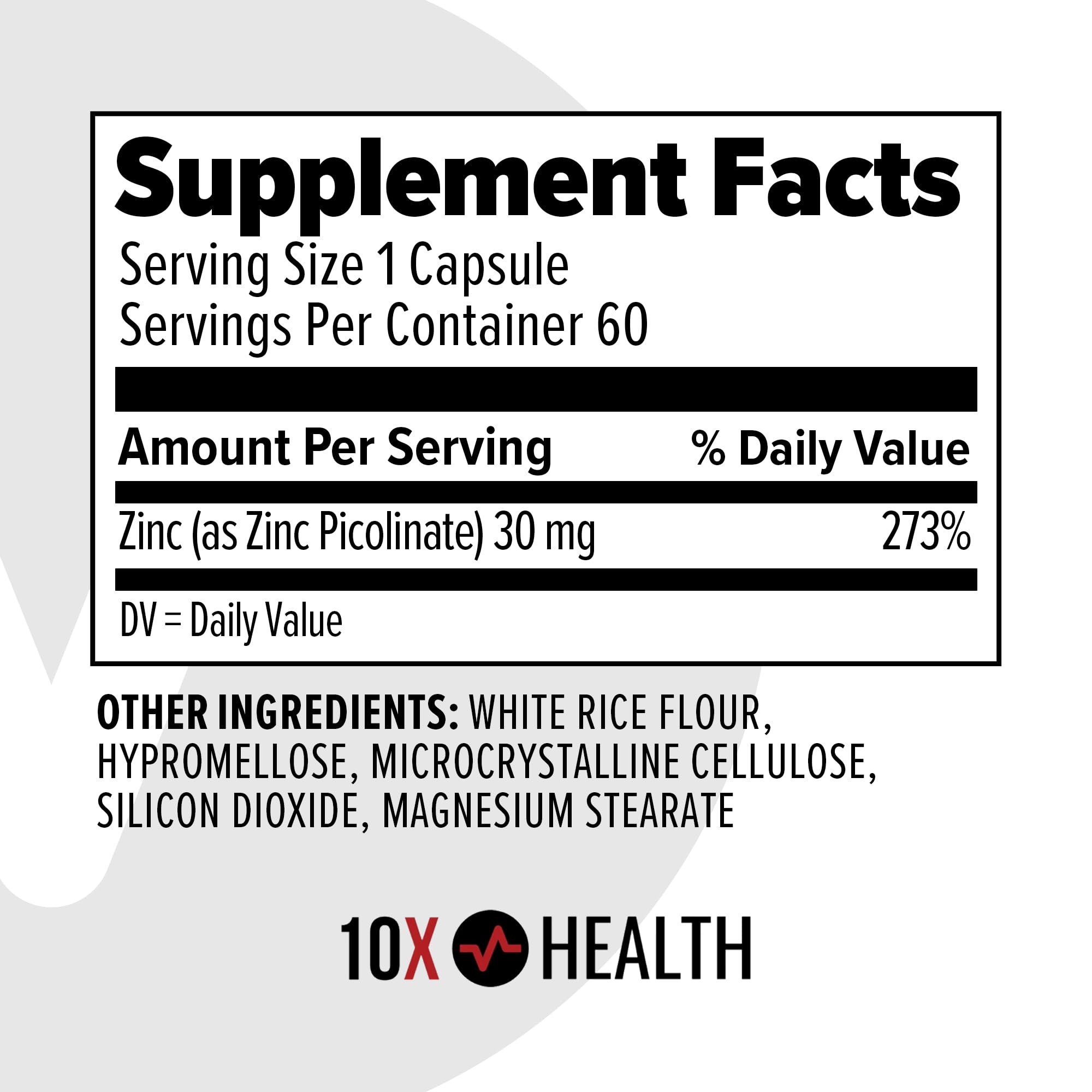 10X Health System Zinc Supplement 30mg capsule close-up