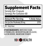 10X Health System Zinc Supplement 30mg capsule close-up