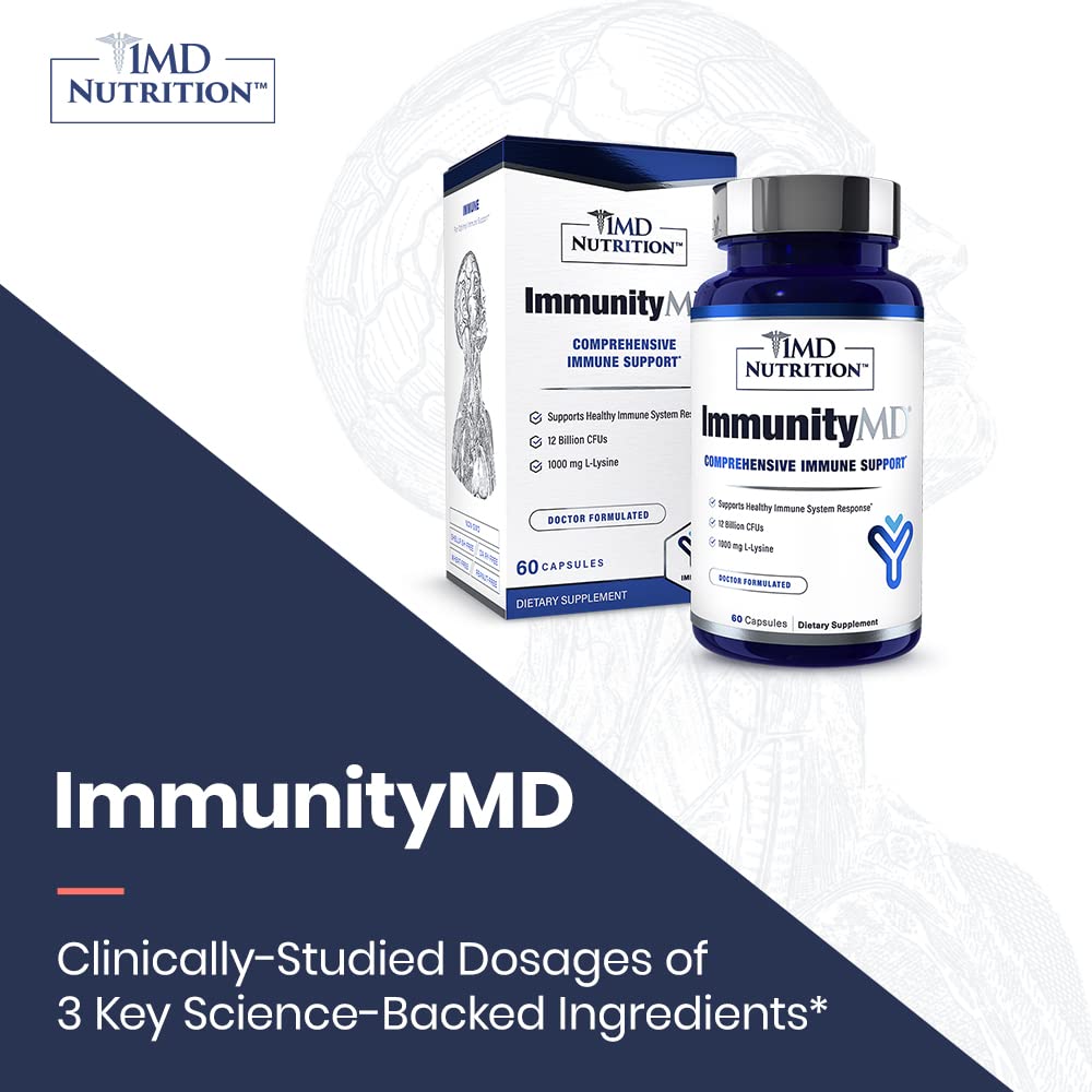 1MD Nutrition daily wellness Prebiotic Capsules displayed with a measuring spoon