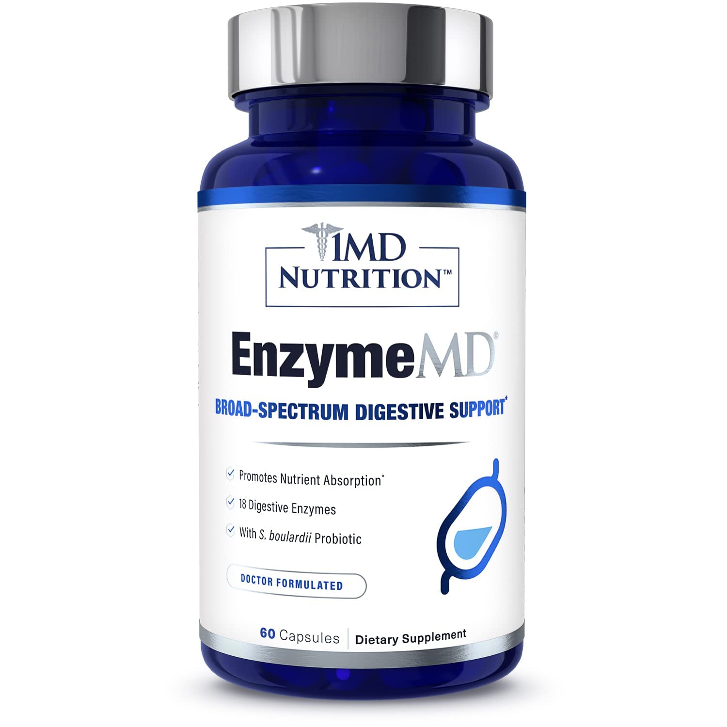 1MD Nutrition EnzymeMD Multi-Enzymes bottle with a glass of water