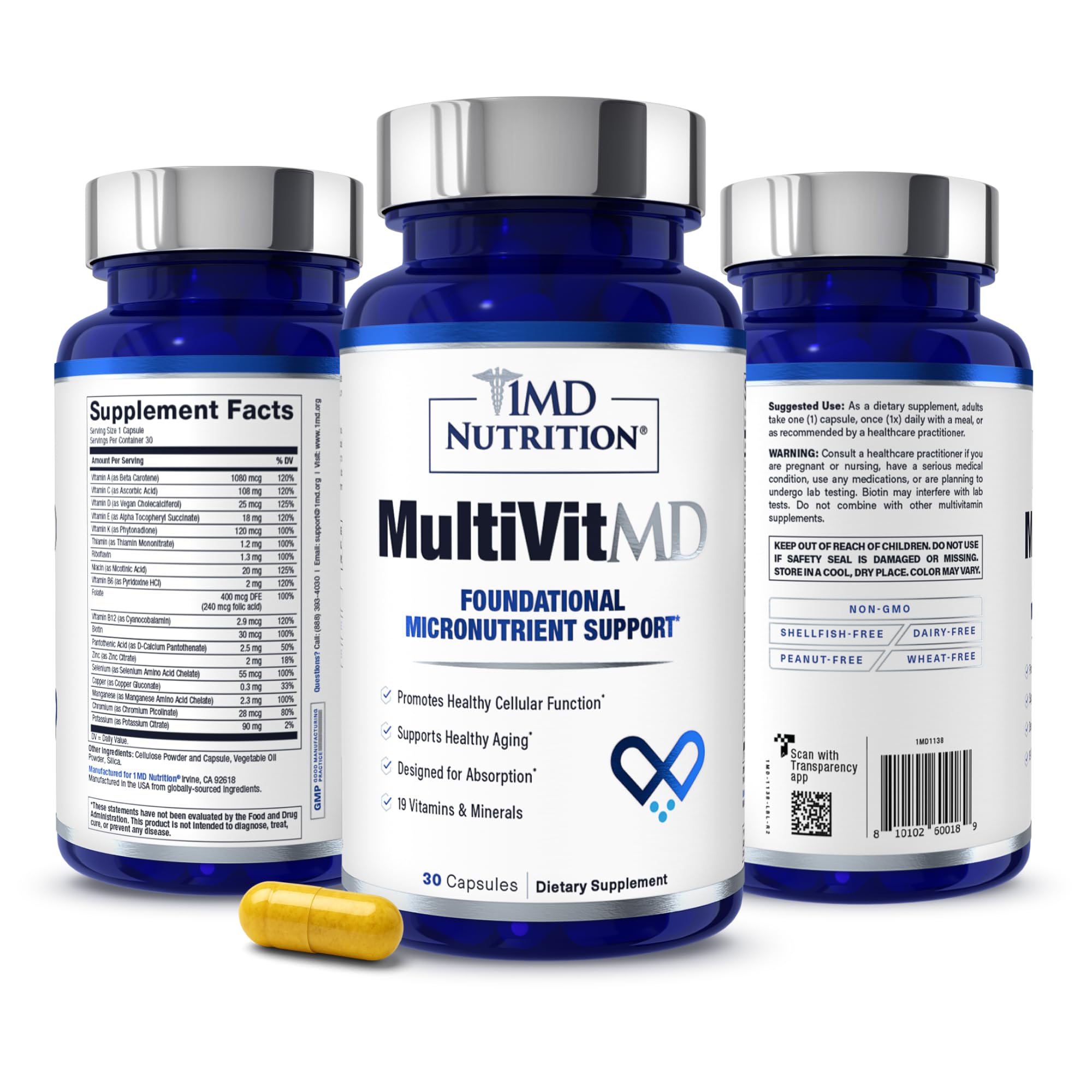 1MD Nutrition MultiVitMD multivitamins front view with capsule bottle