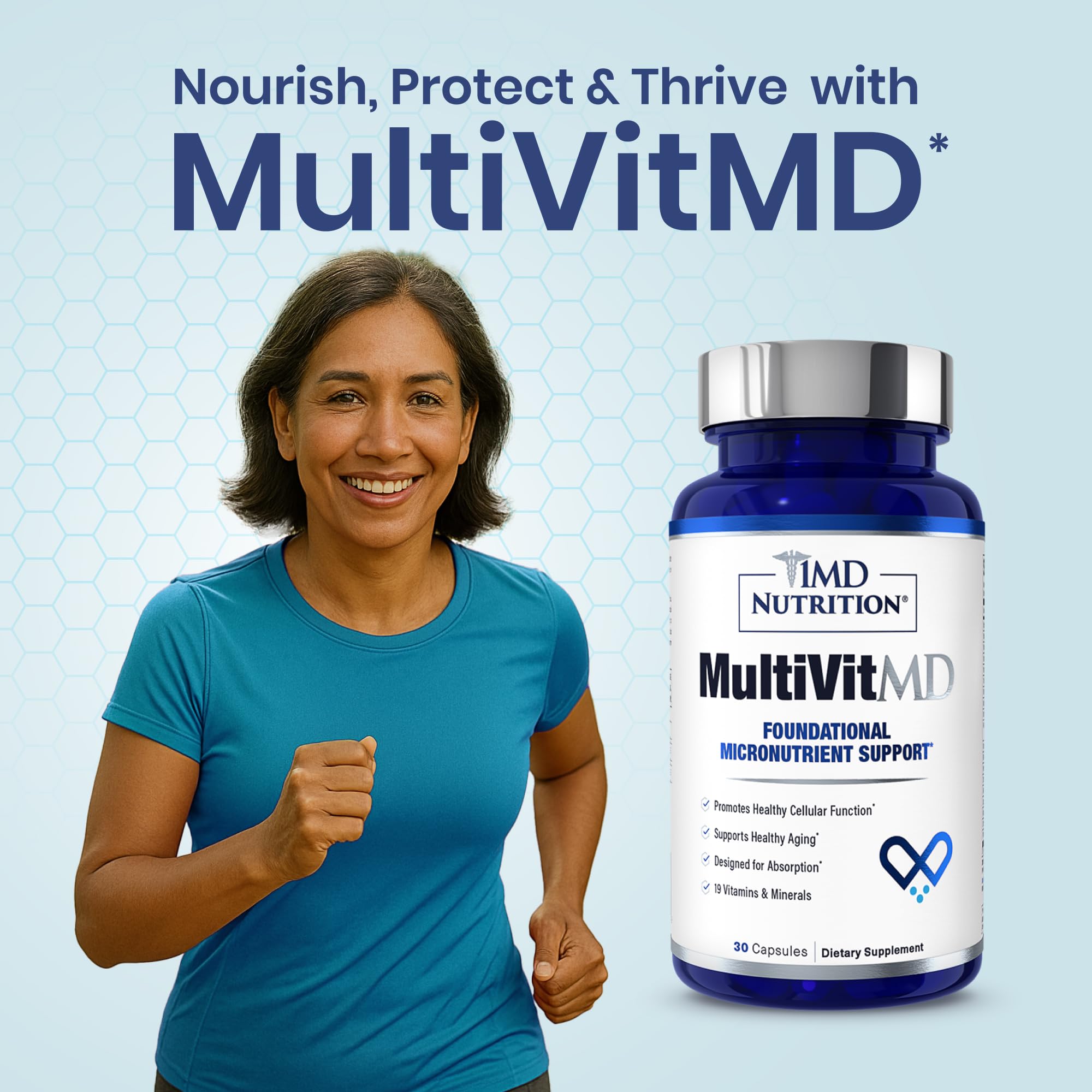 1MD Nutrition MultiVitMD multivitamins on a wooden table with a glass of water