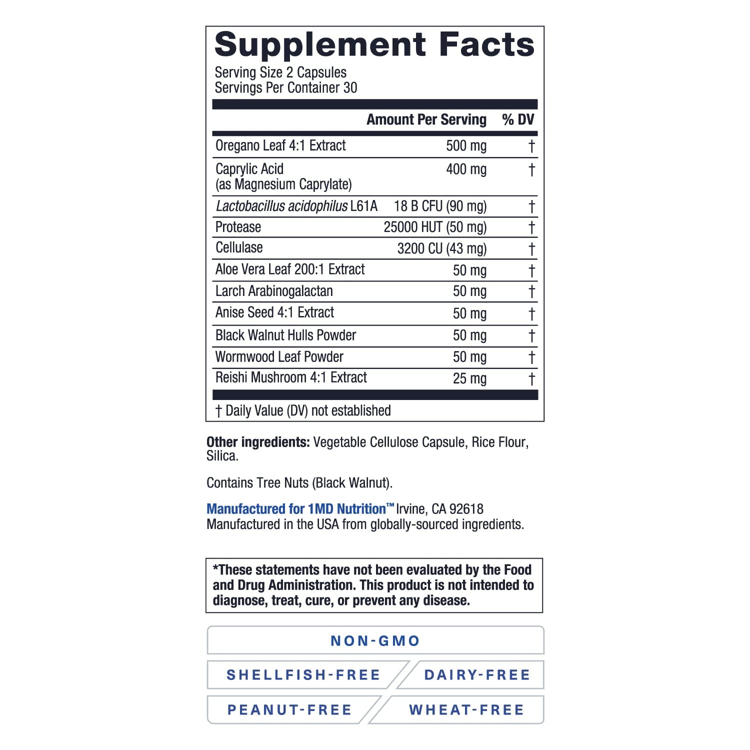 1MD Nutrition Oregano Supplement back view with dosage information