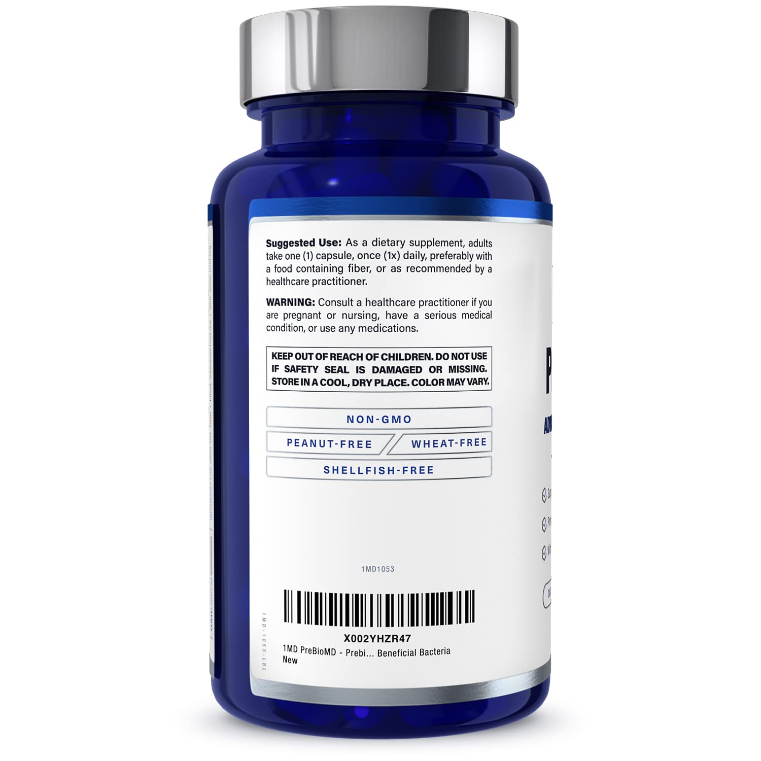 1MD Nutrition PrebioMD Prebiotic Supplement opened with capsules visible