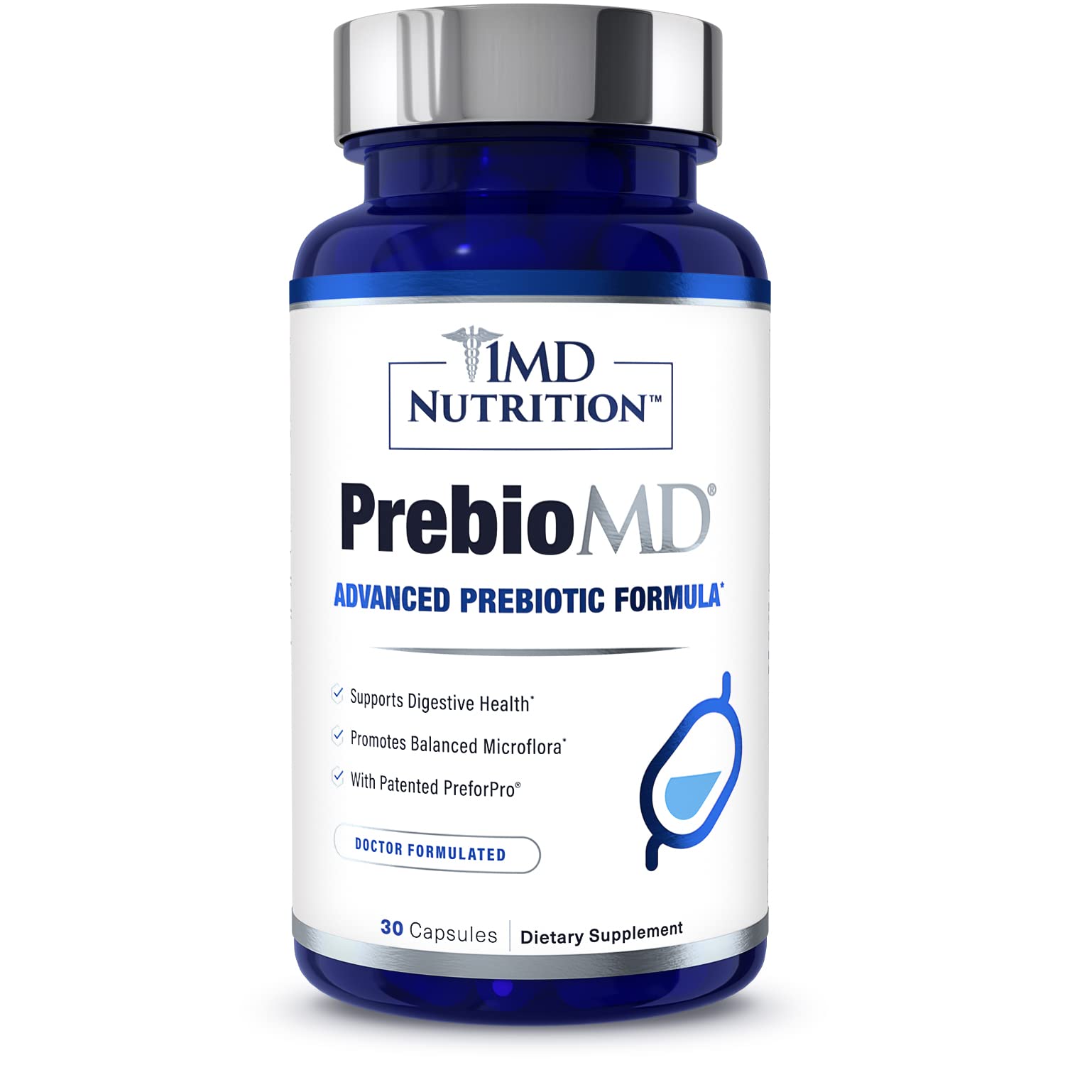 1MD Nutrition PrebioMD Prebiotic Supplement with a glass of water