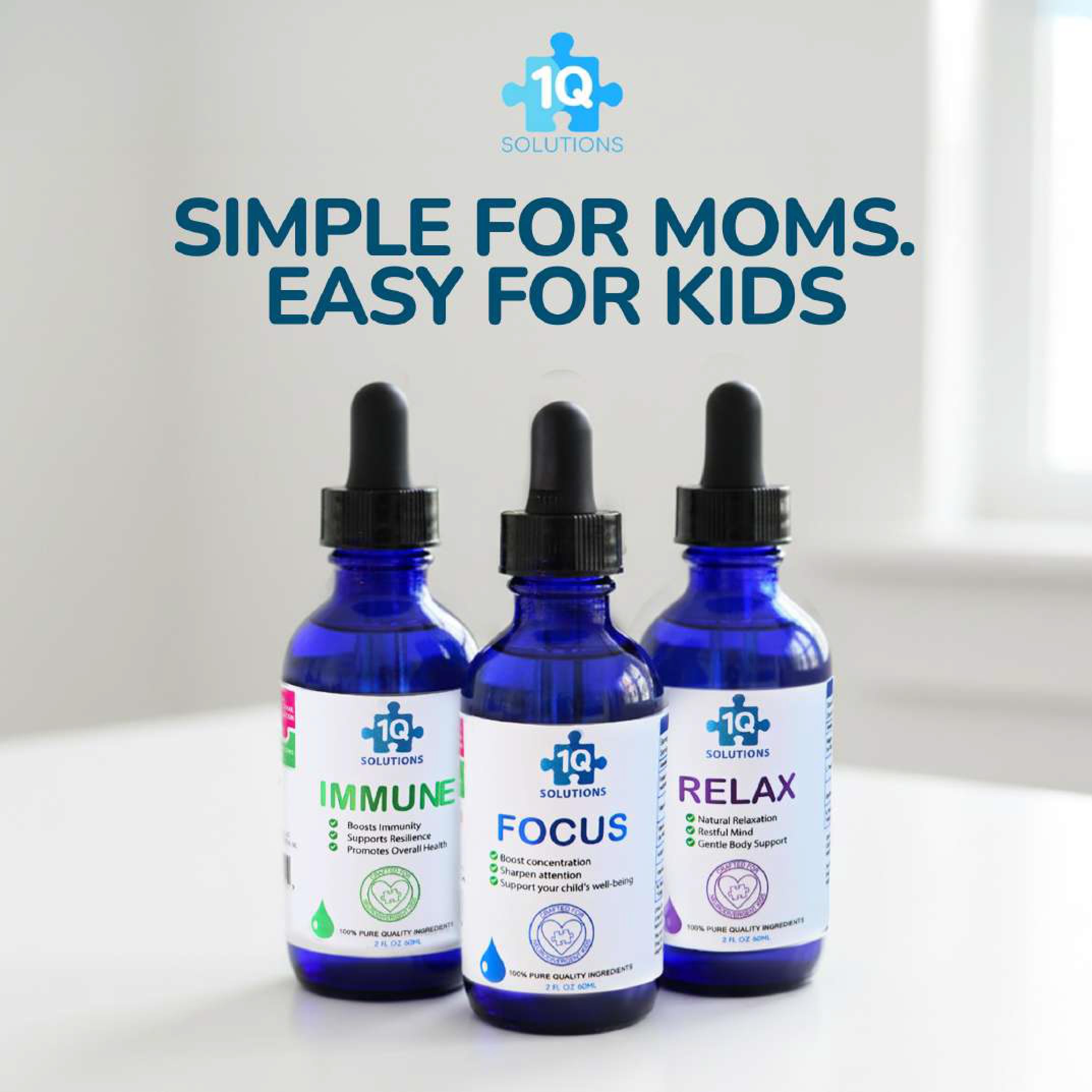 1Q Solutions Focus Liquid Supplement for Kids on kitchen counter