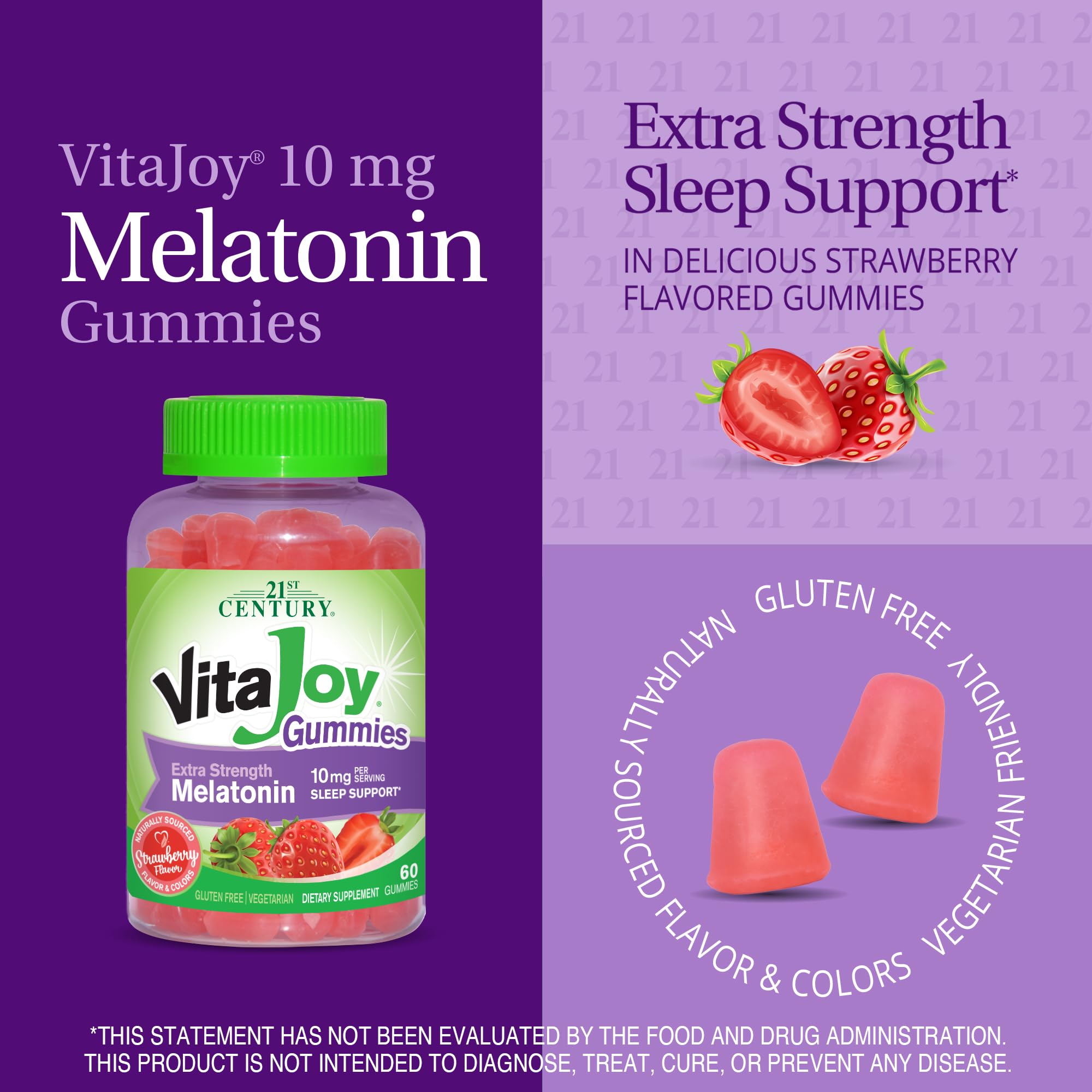 21st Century VitaJoy Melatonin Gummies 10mg Strawberry bottle side view