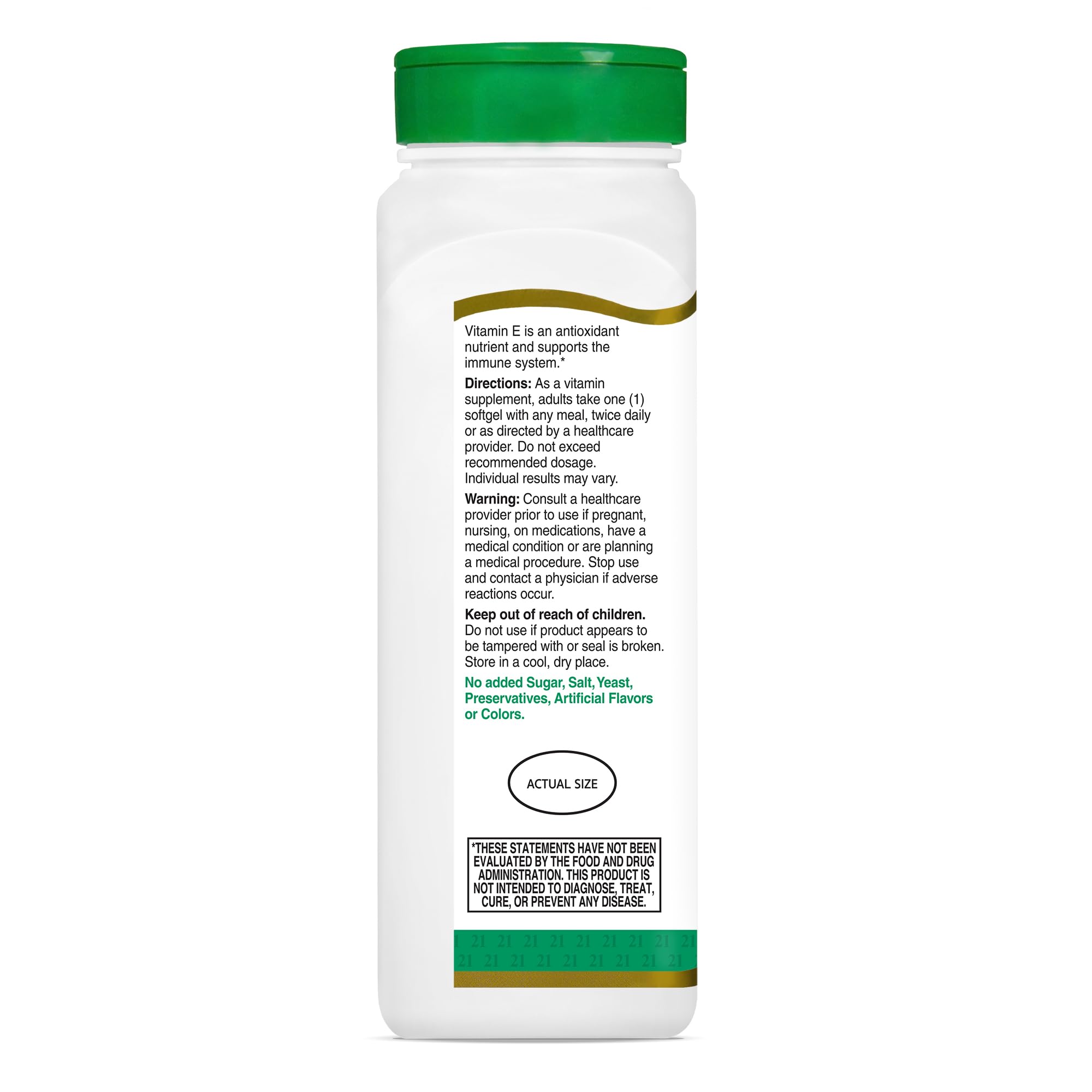 21st Century Vitamin E-400 supplement bottle with capsules scattered