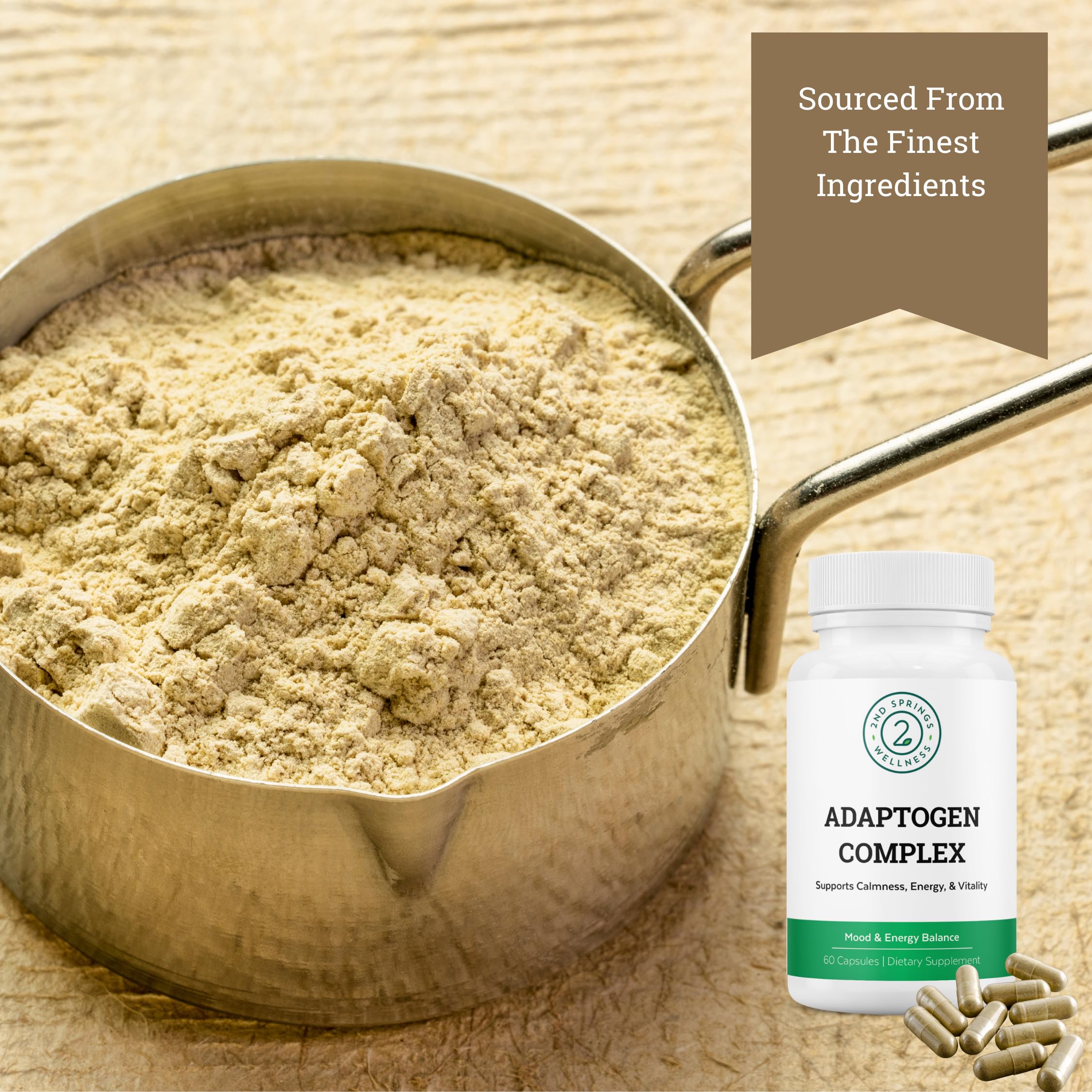 2nd Springs Adrenal Support Supplement on a wooden table