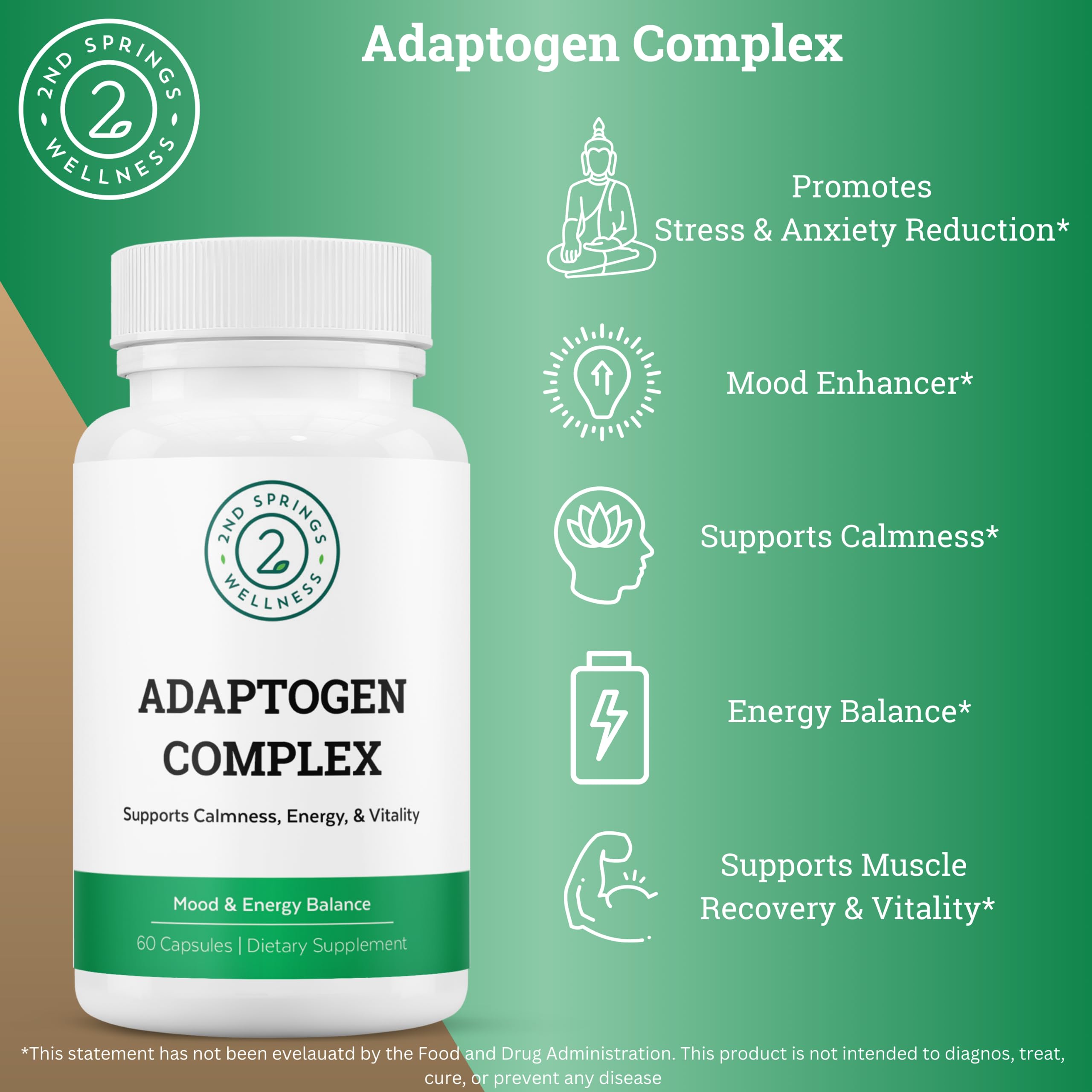 2nd Springs Adrenal Support Supplement side view showing ingredients list