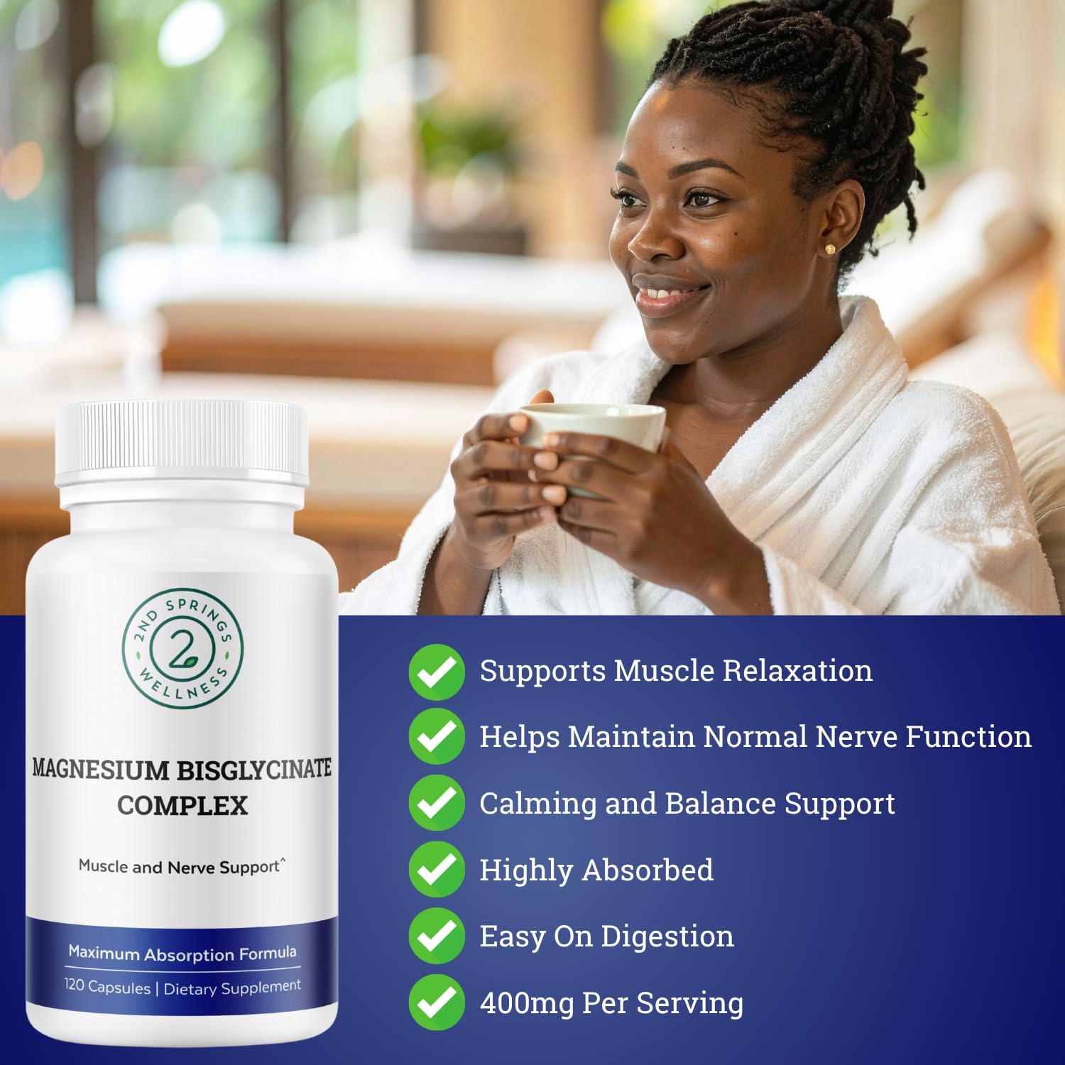 2nd Springs Magnesium Bisglycinate 400mg capsules on a kitchen counter