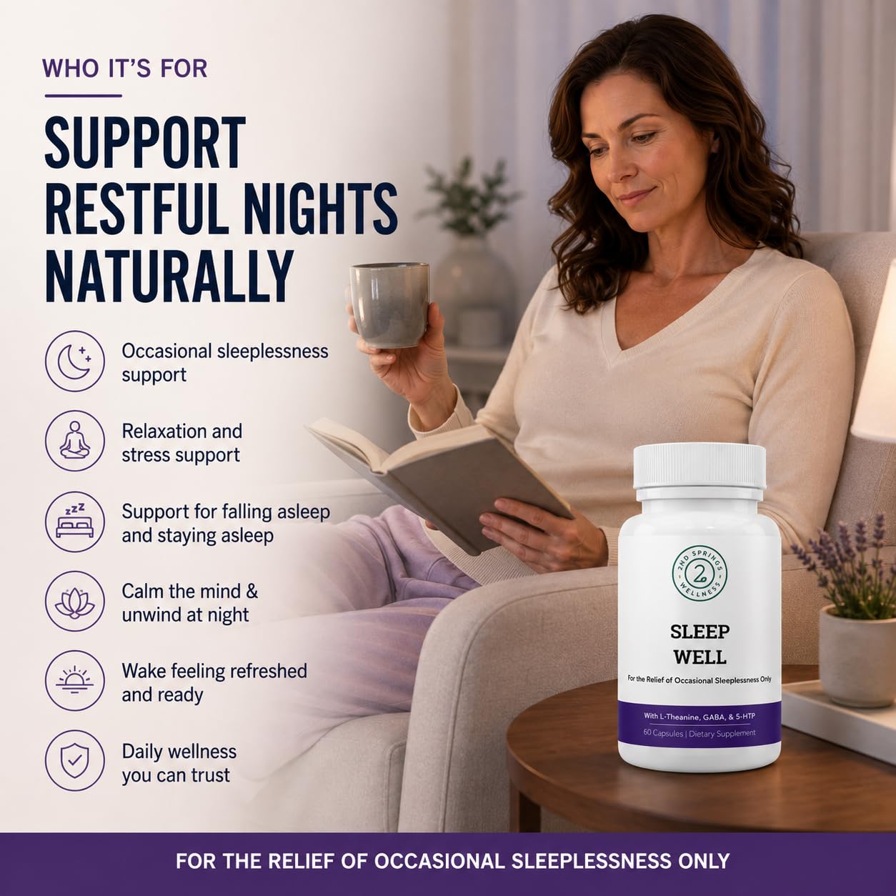 2nd Springs Sleep Well Supplement capsules on a wooden surface