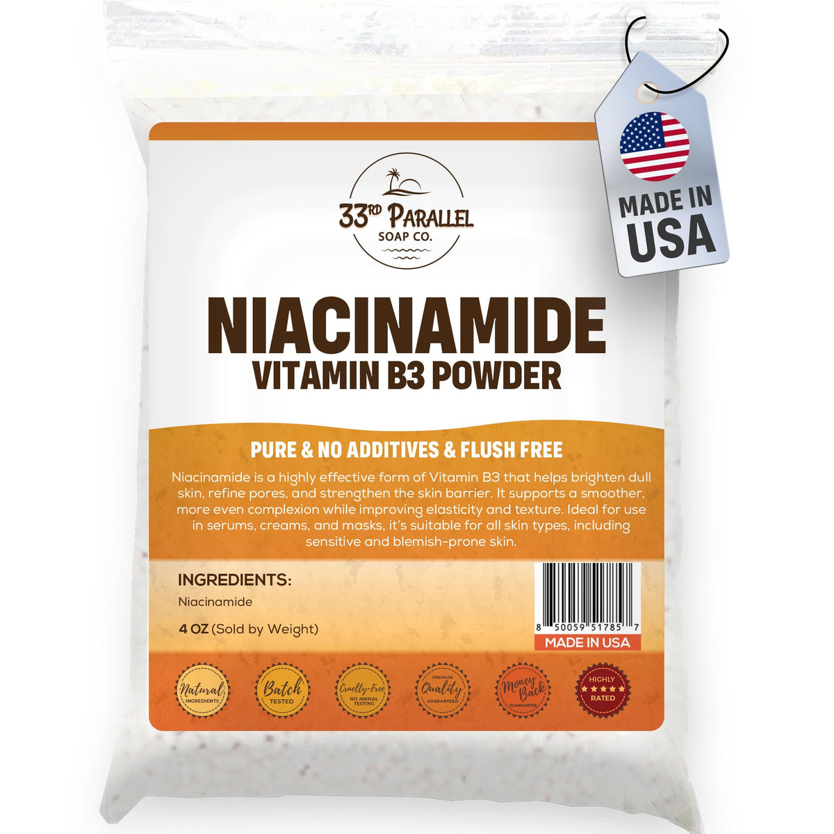 33RD PARALLEL SOAP CO. Niacinamide Powder Vitamin B3 front view packaging