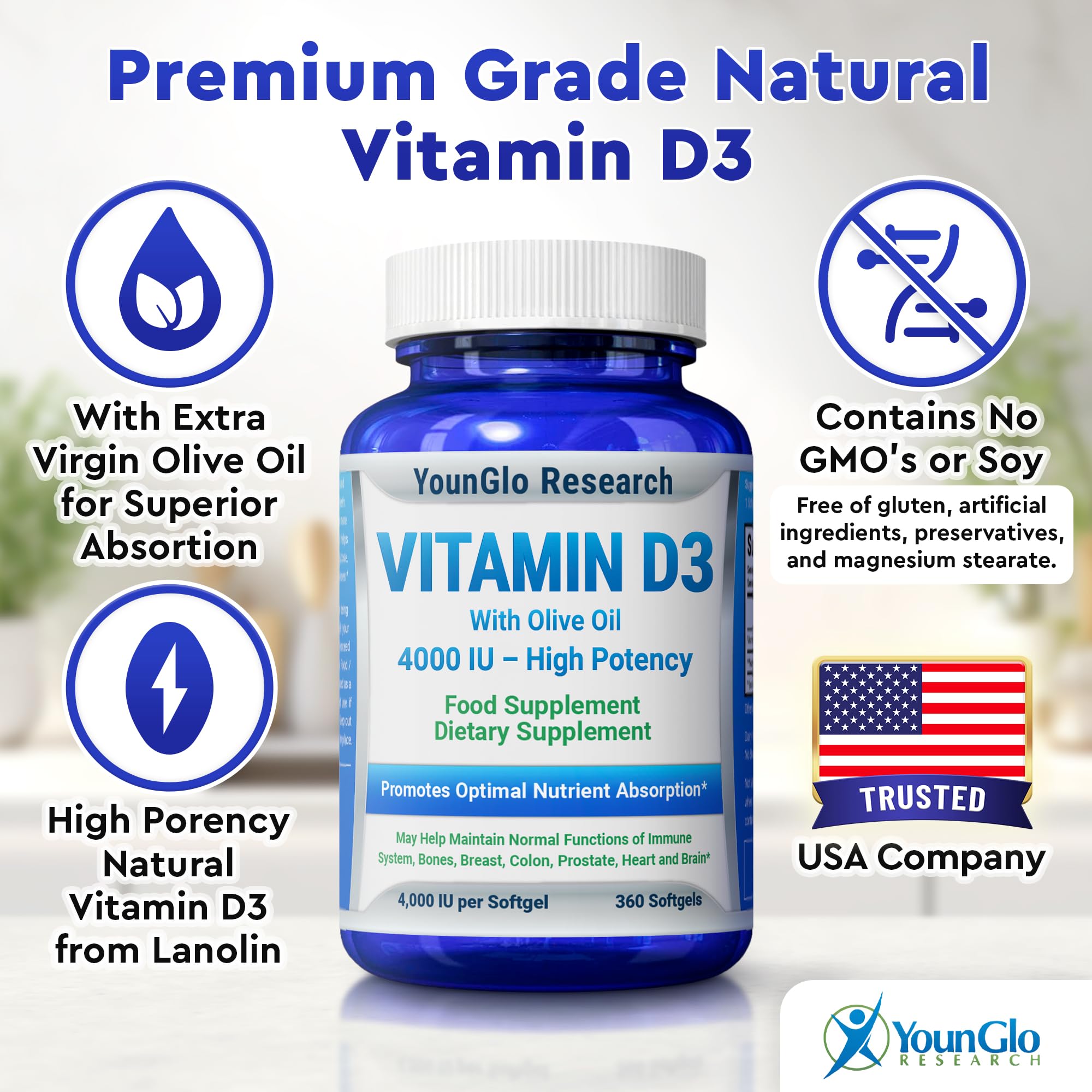 360 count YounGlo Research Vitamin D3 softgels packaging
