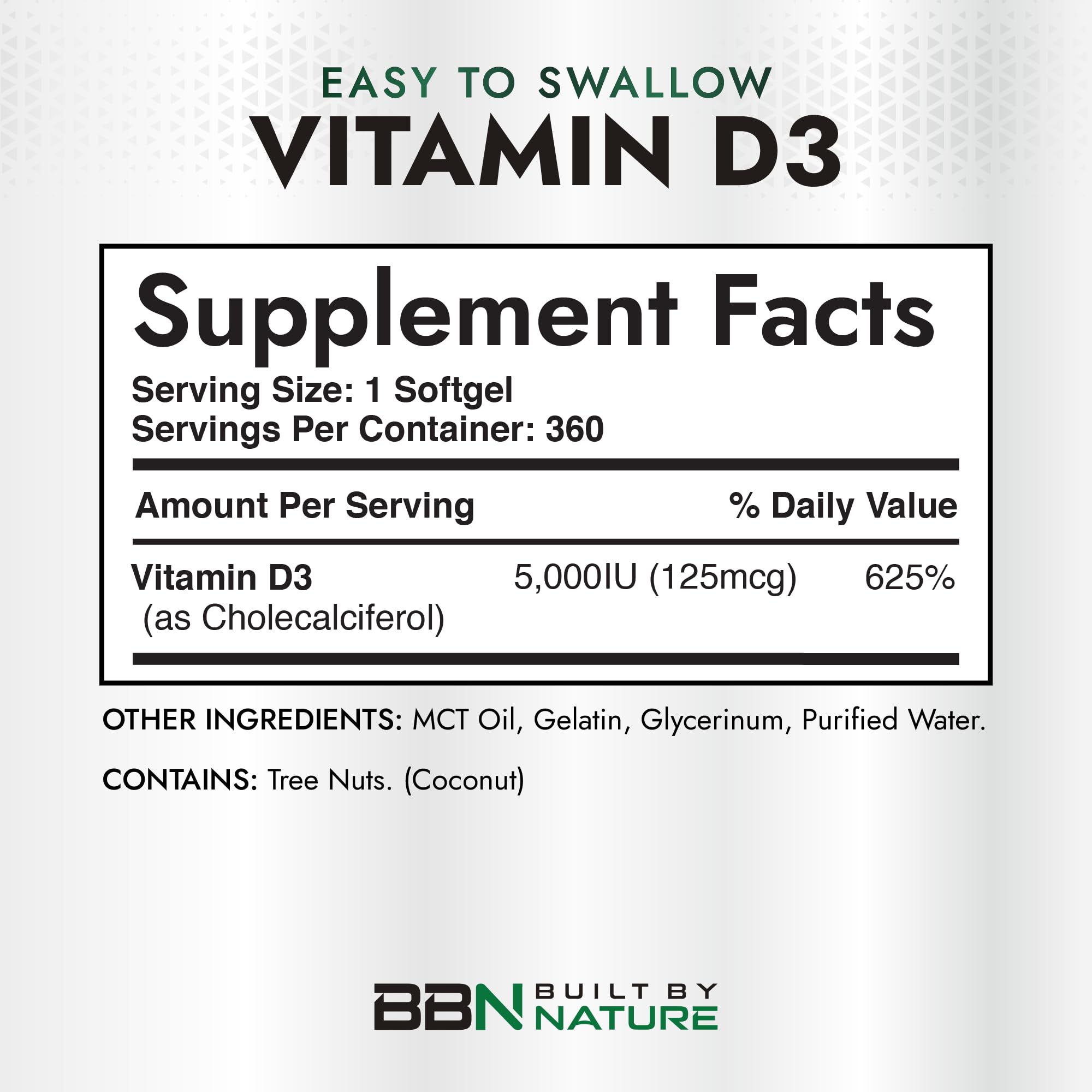360 mini softgels in Built by Nature Vitamin D3 bottle