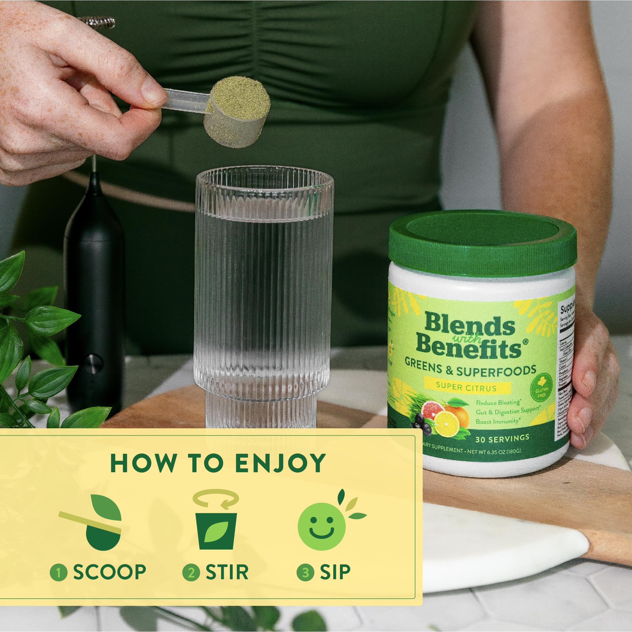 360 Nutrition Greens & Superfoods 227g displayed on a kitchen counter