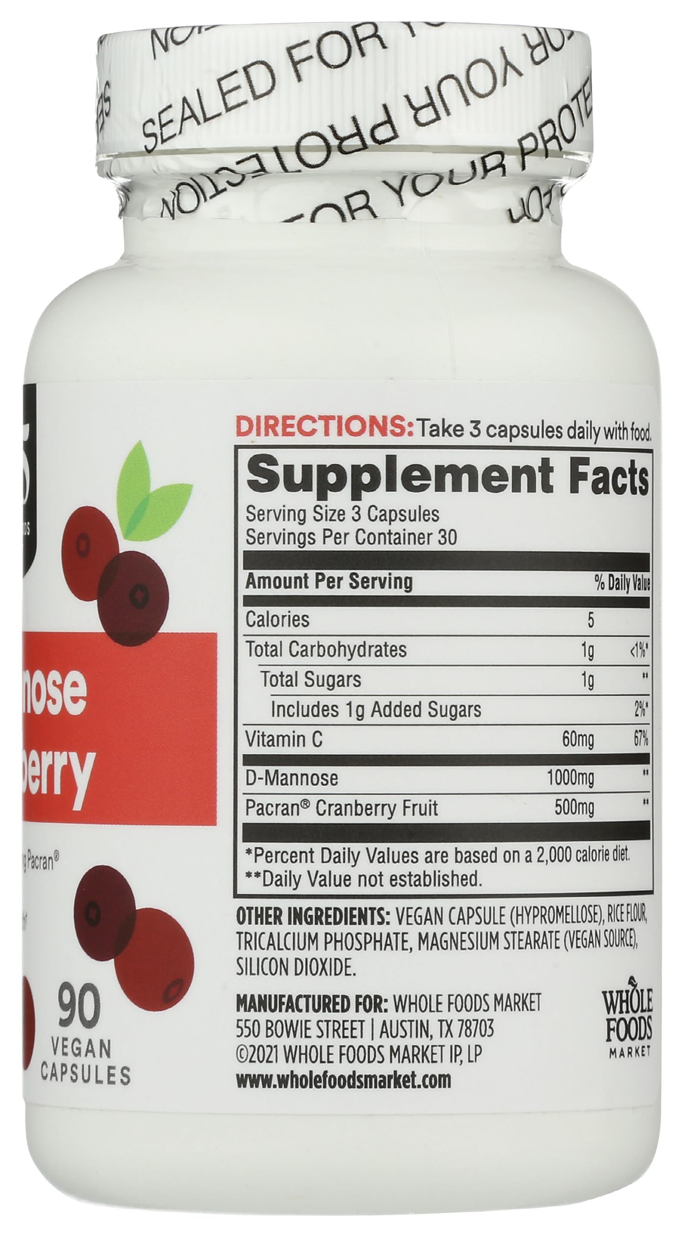 365 by Whole Foods Market Cranberry D-Mannose bottle with label
