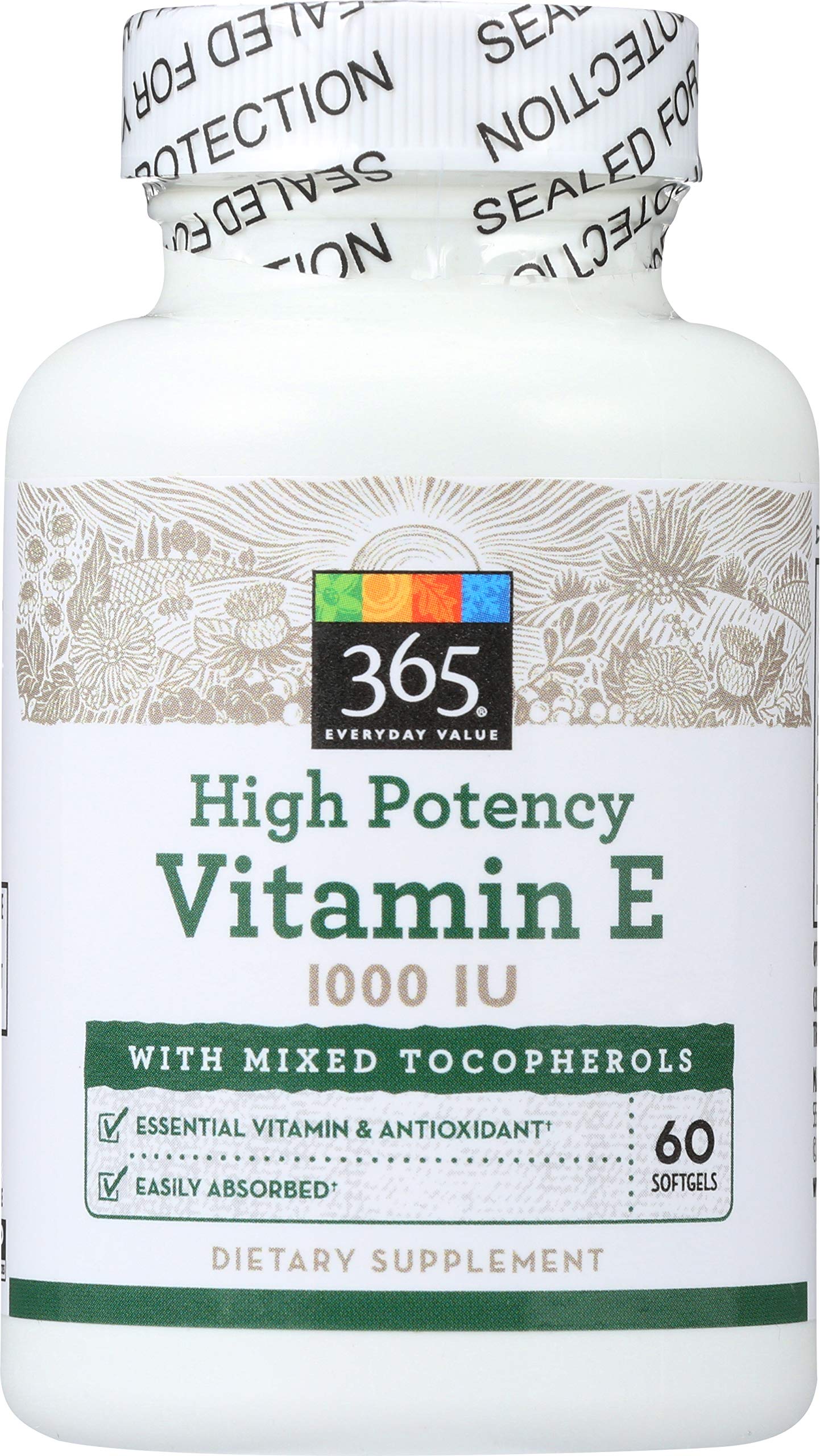 365 by Whole Foods Market High Potency Vitamin E softgels front view