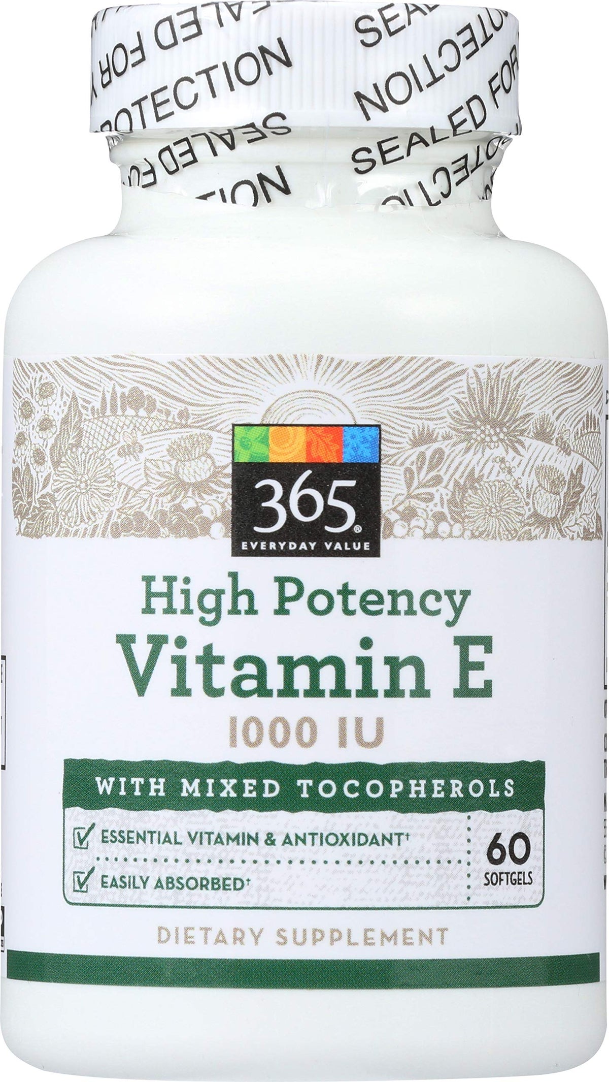 365 by Whole Foods Market High Potency Vitamin E softgels front view