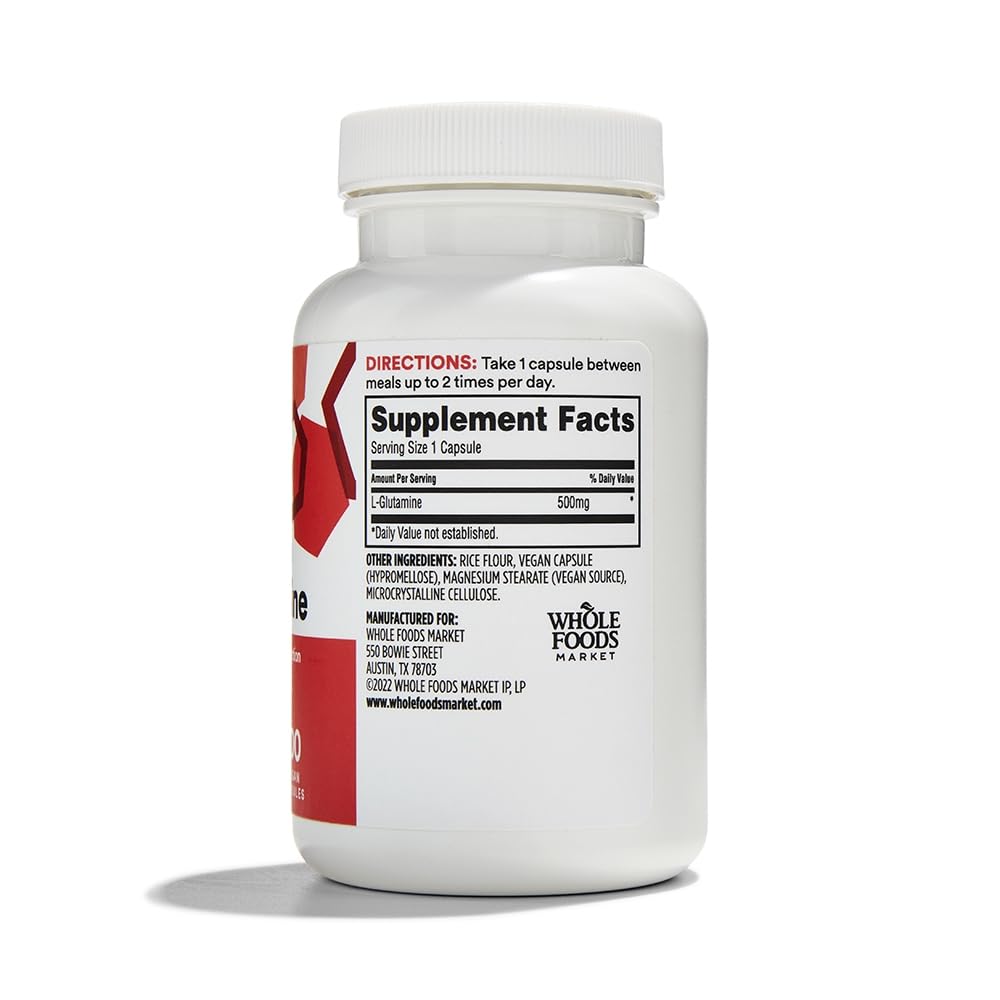 365 by Whole Foods Market L-Glutamine 500mg capsule bottle side view