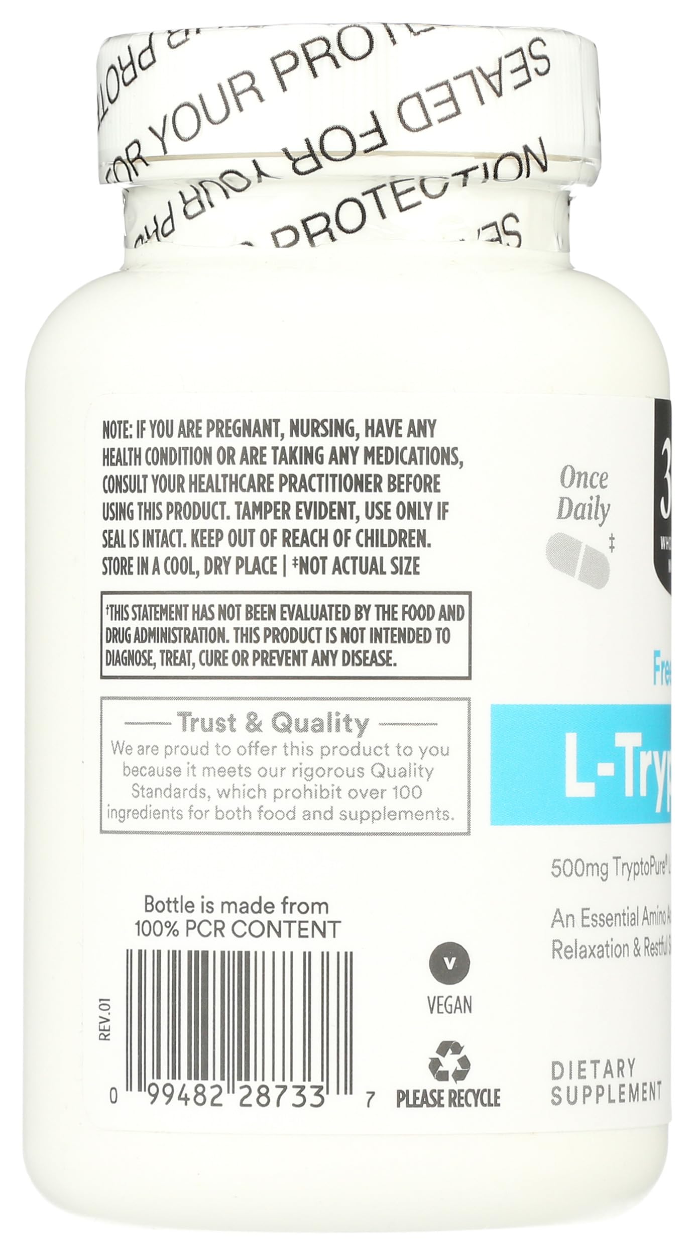 365 by Whole Foods Market L-Tryptophan 500mg capsules label detail