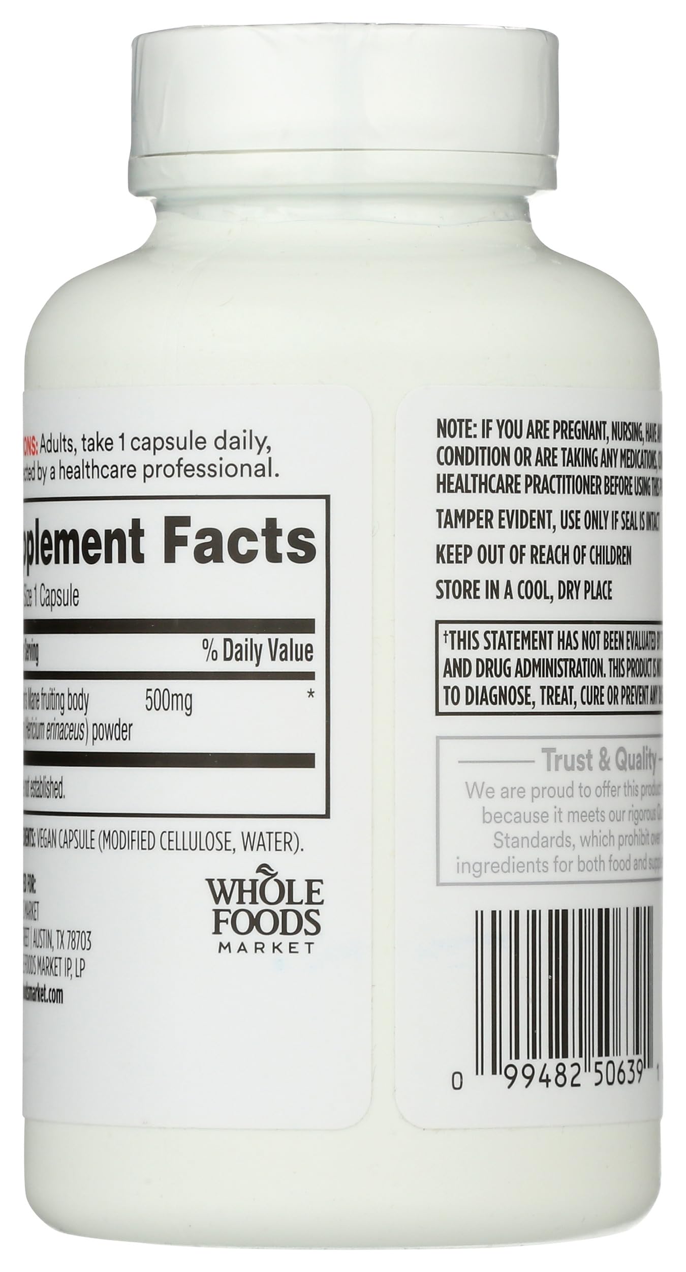 365 by Whole Foods Market Lion's Mane Mushroom Supplements bottle side view