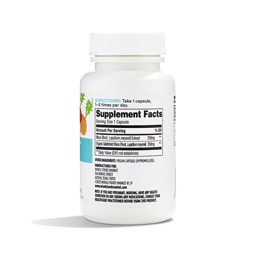 365 by Whole Foods Market Maca Supplement 60 count vegan capsules side view