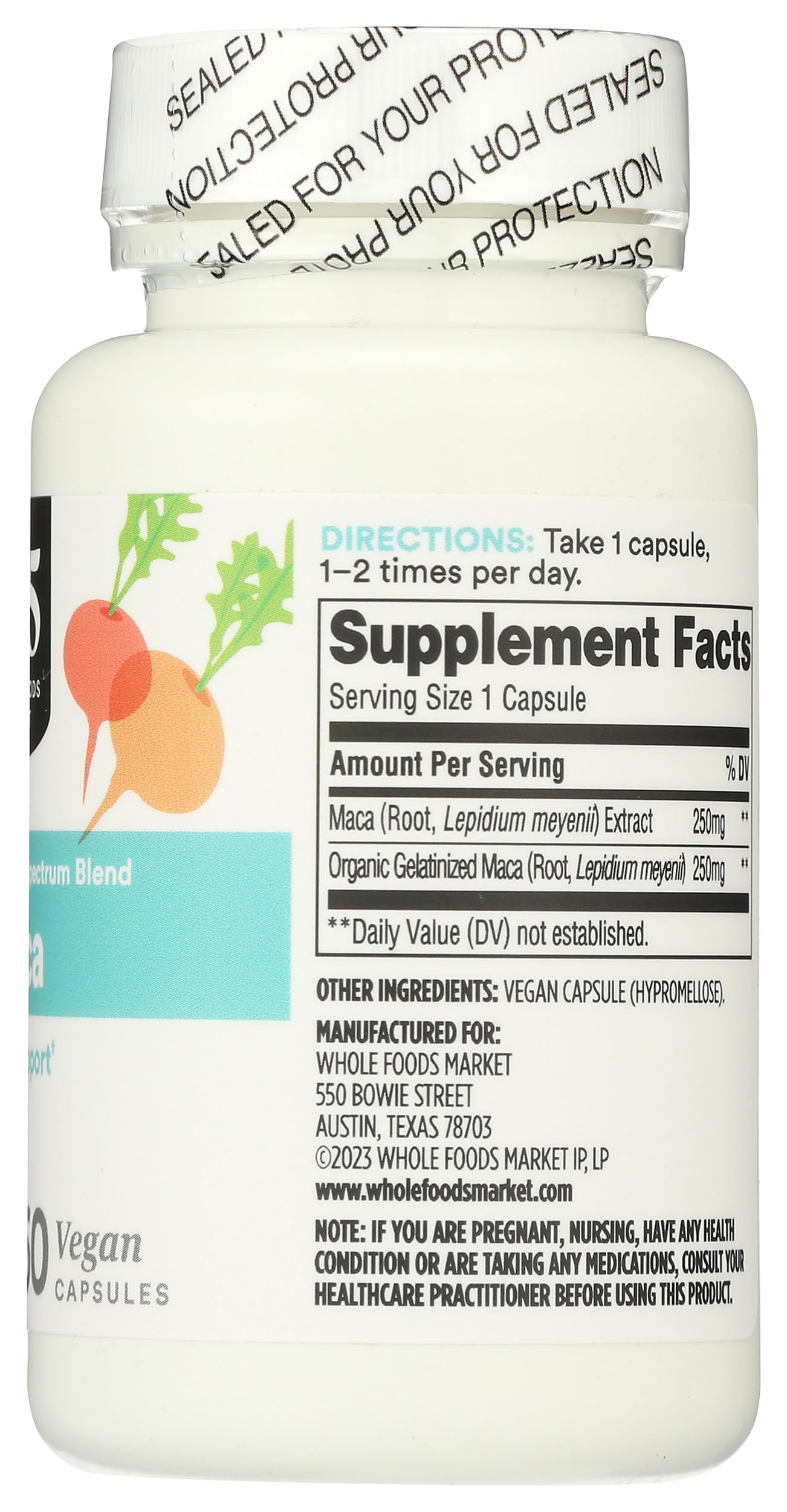 365 by Whole Foods Market Maca Supplement vegan capsules on a wooden table