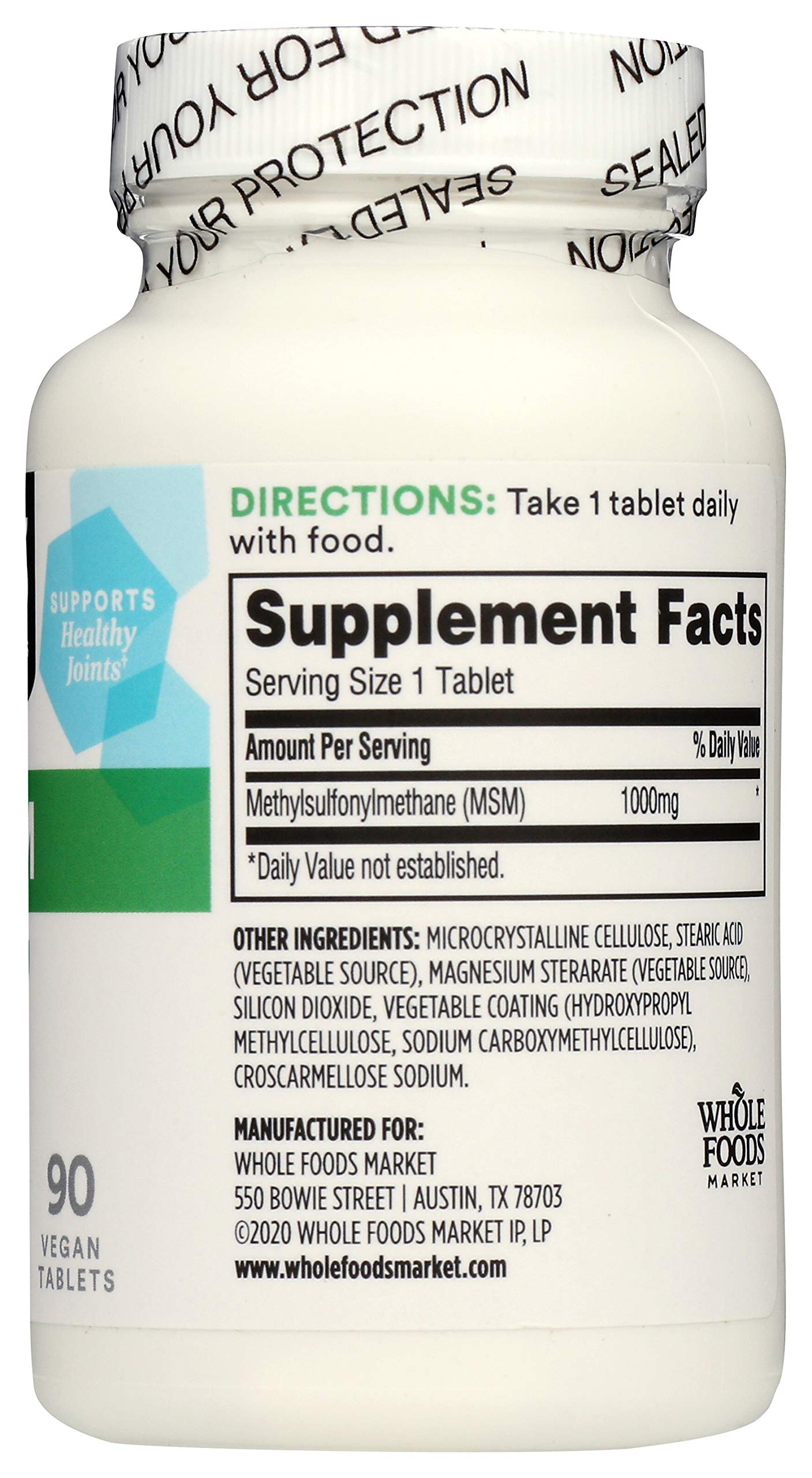 365 by Whole Foods Market MSM Tablets 1000mg bottle side view