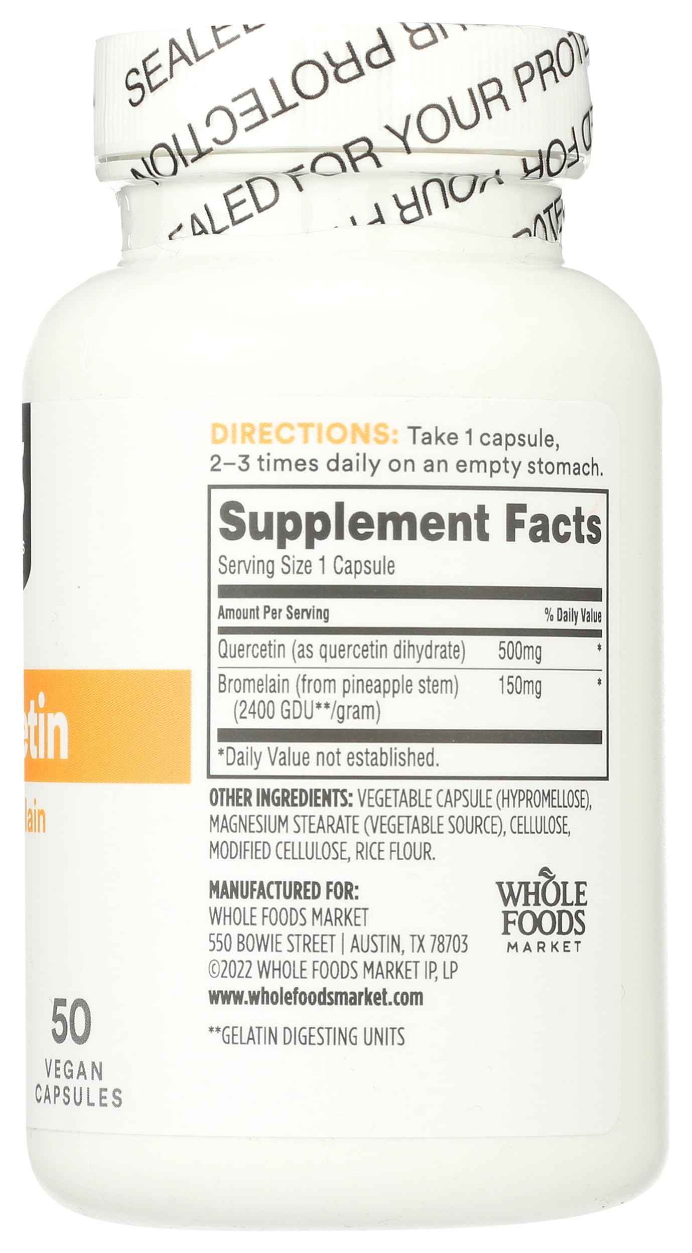 365 by Whole Foods Market Quercetin with Bromelain bottle on a wooden table