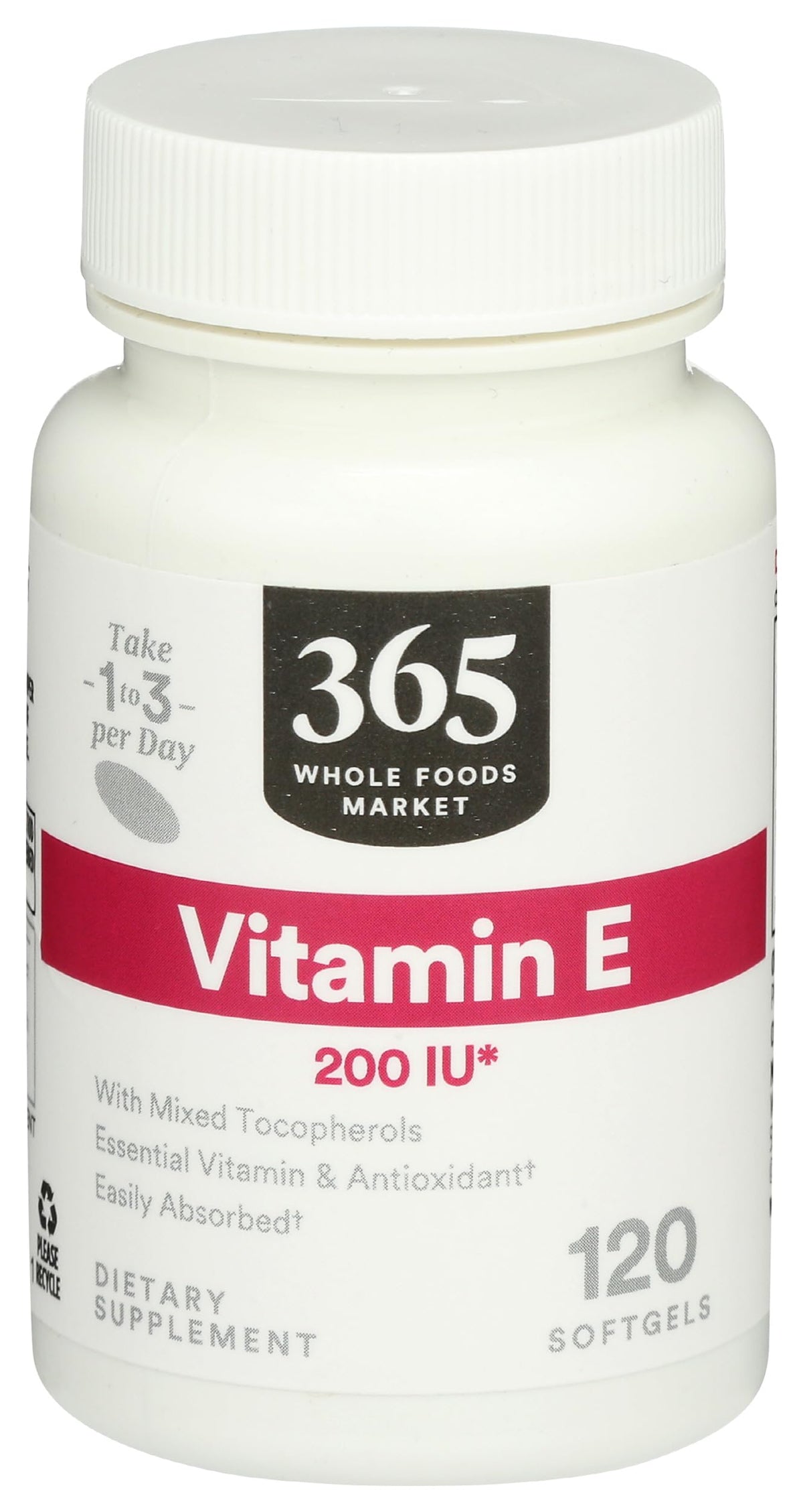 365 by Whole Foods Market Vitamin E 200 IU softgels front view