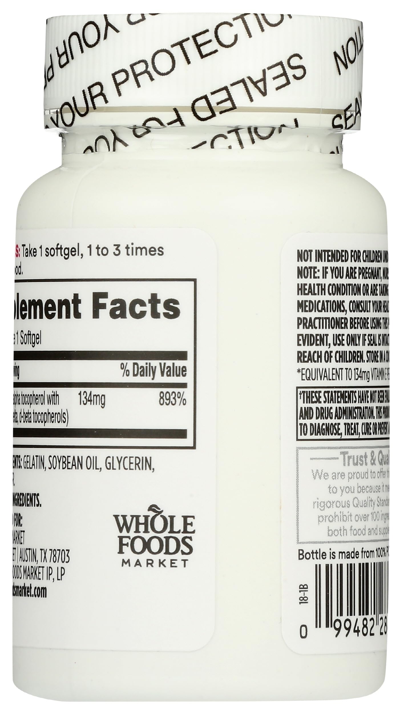 365 by Whole Foods Market Vitamin E 200 IU softgels side view