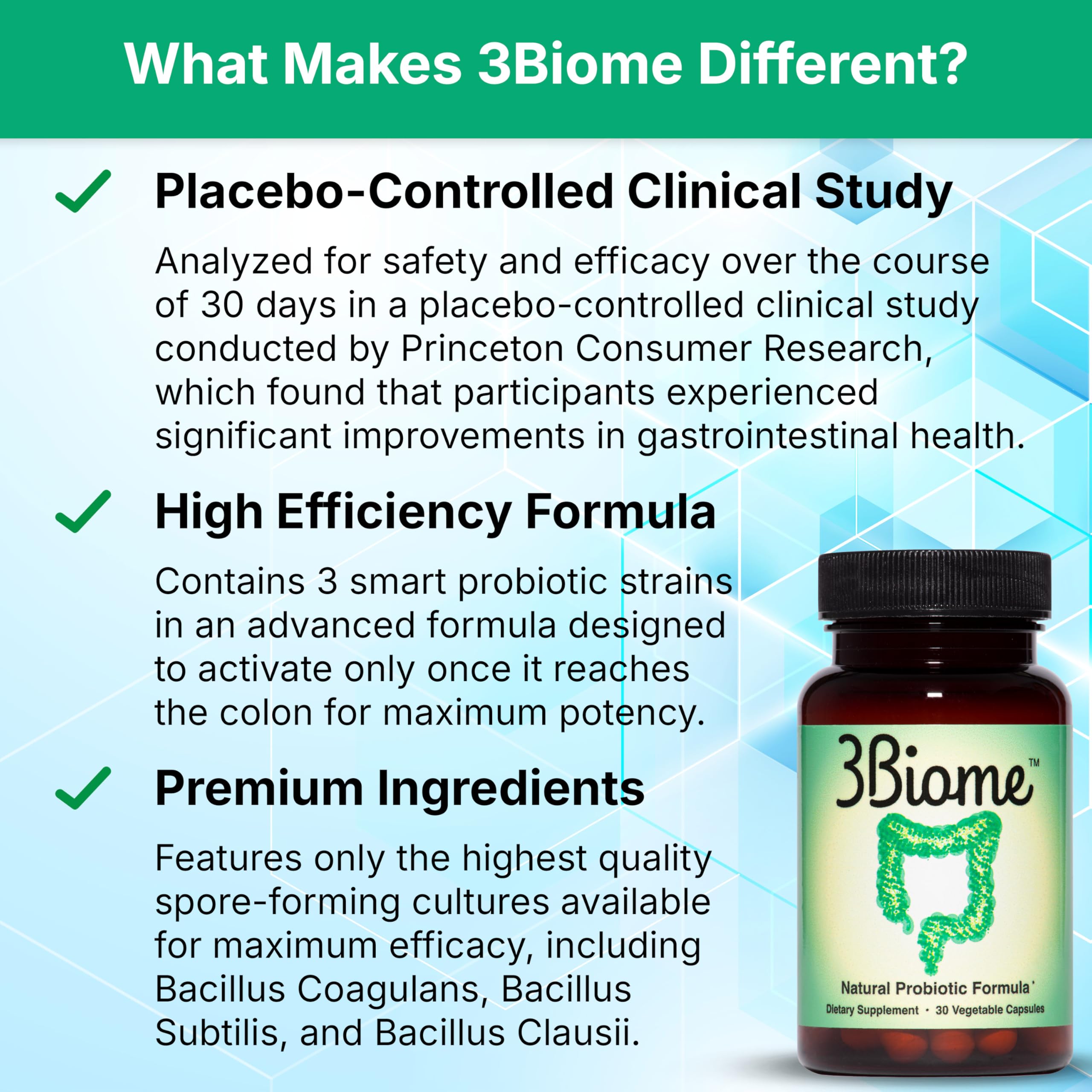 3Biome Probiotic Supplement capsules on a wooden table