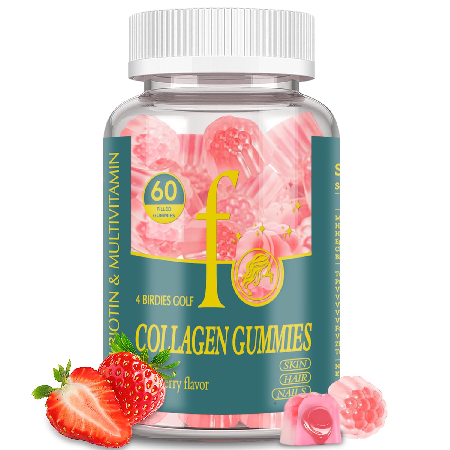 4 BIRDIES GOLF Collagen Gummies front view with strawberry flavour