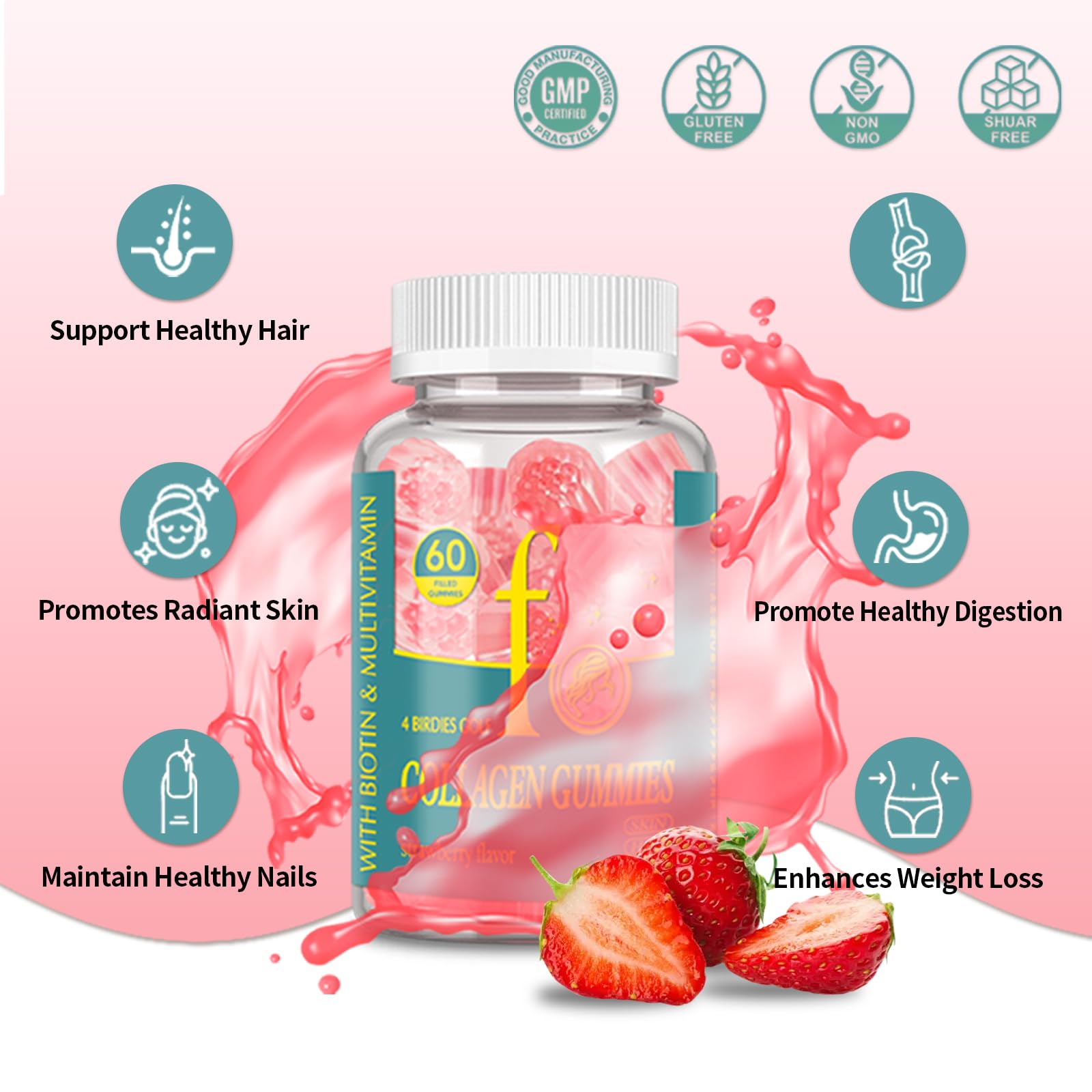 4 BIRDIES GOLF Collagen Gummies on a wooden table with fresh strawberries