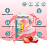 4 BIRDIES GOLF Collagen Gummies on a wooden table with fresh strawberries