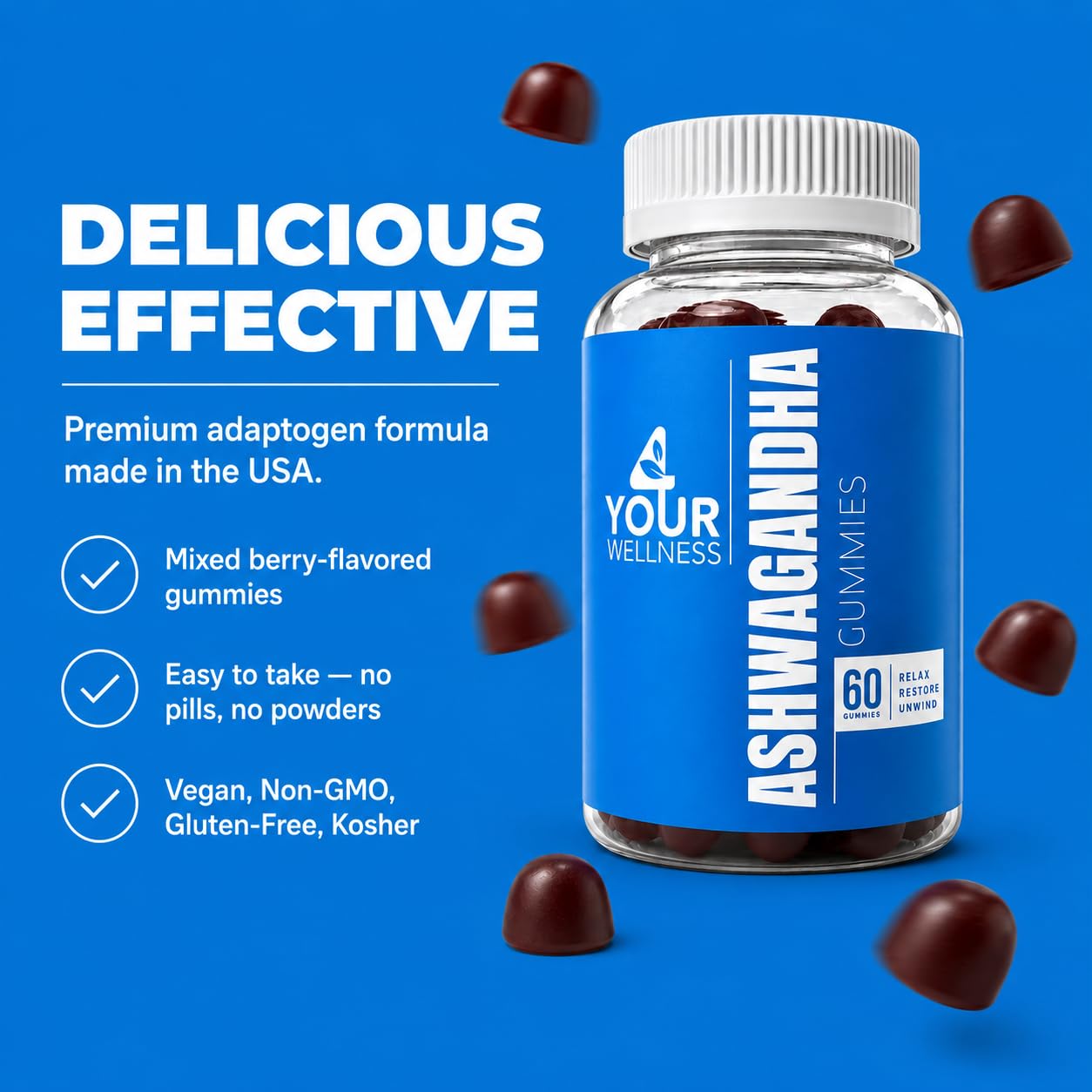 4 Your Wellness Ashwagandha Gummies on a wooden table