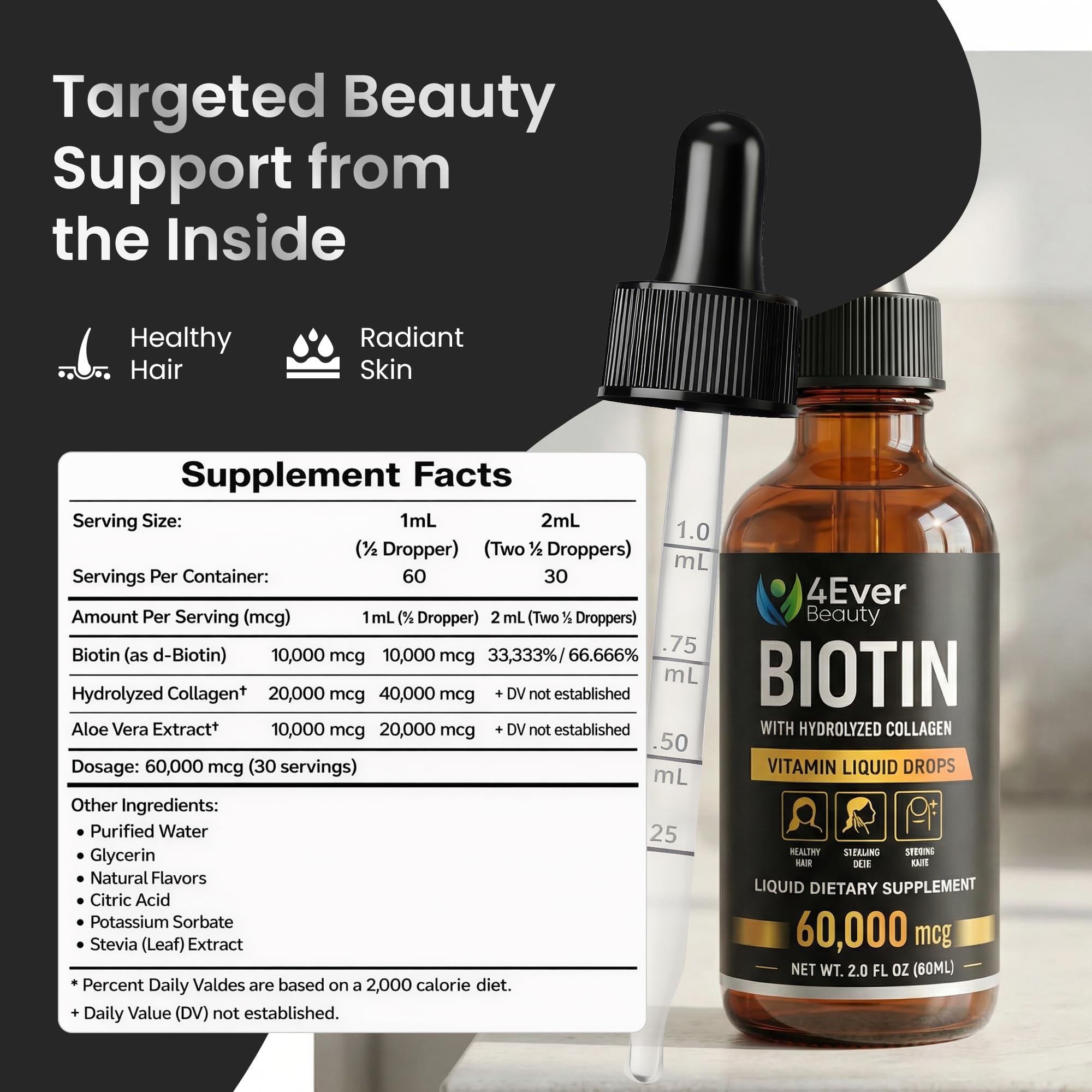 4Ever Beauty Biotin Collagen Aloe Vera Drops 150g measuring dropper