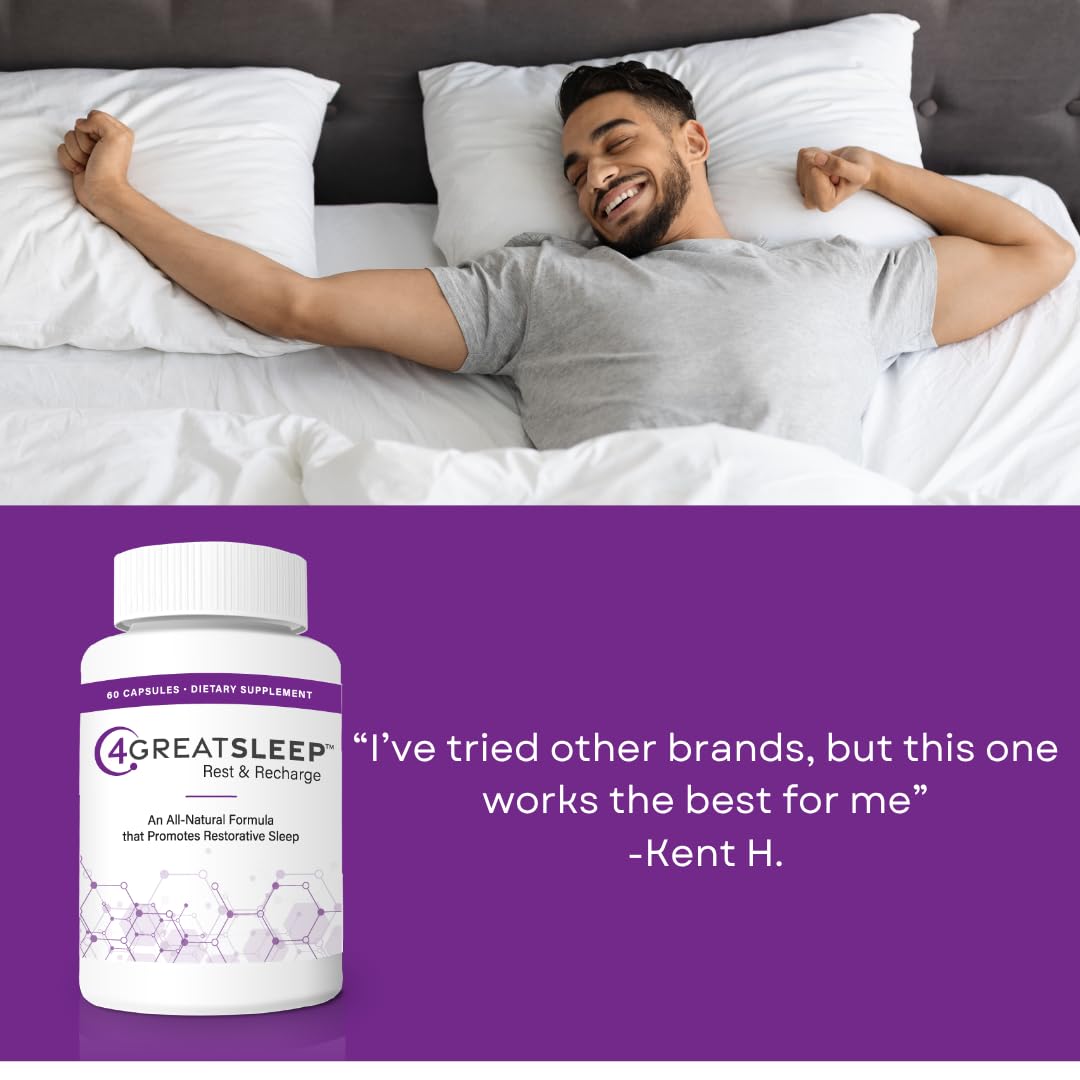 4GREATSLEEP Rest & Recharge Sleep Supplement capsules in a bowl
