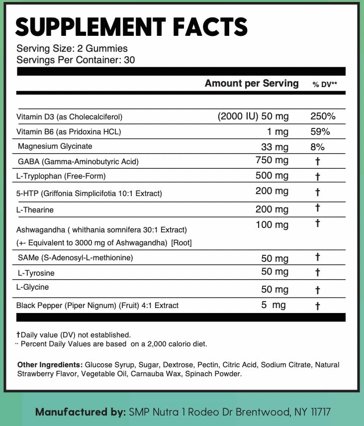 5-HTP gummy supplement packaging showing nutritional information