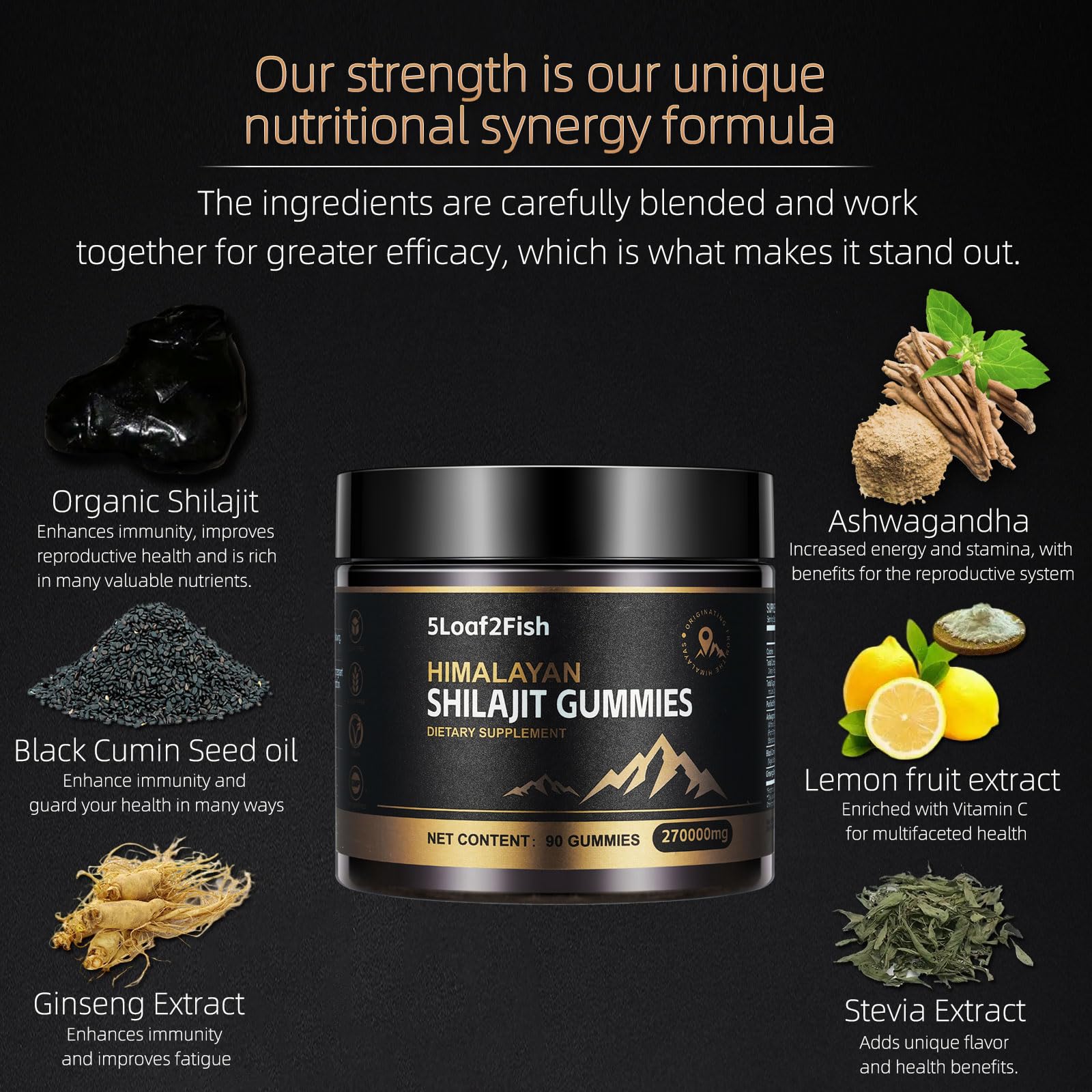 5Loaf2Fish Shilajit Gummies displayed on a wooden table