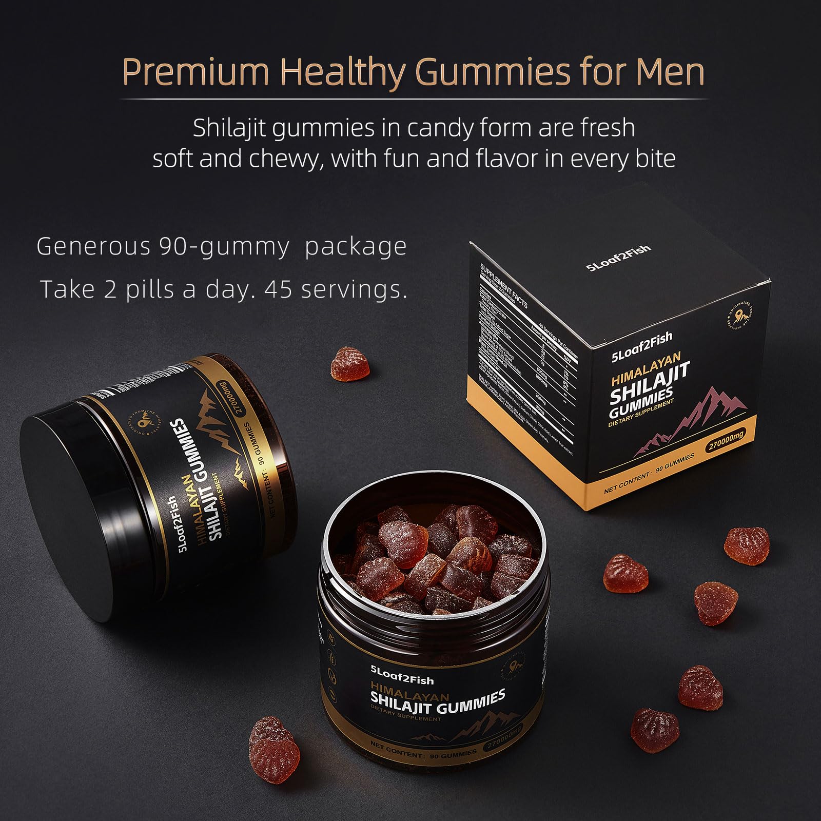 5Loaf2Fish Shilajit Gummies in a bowl with fresh ingredients