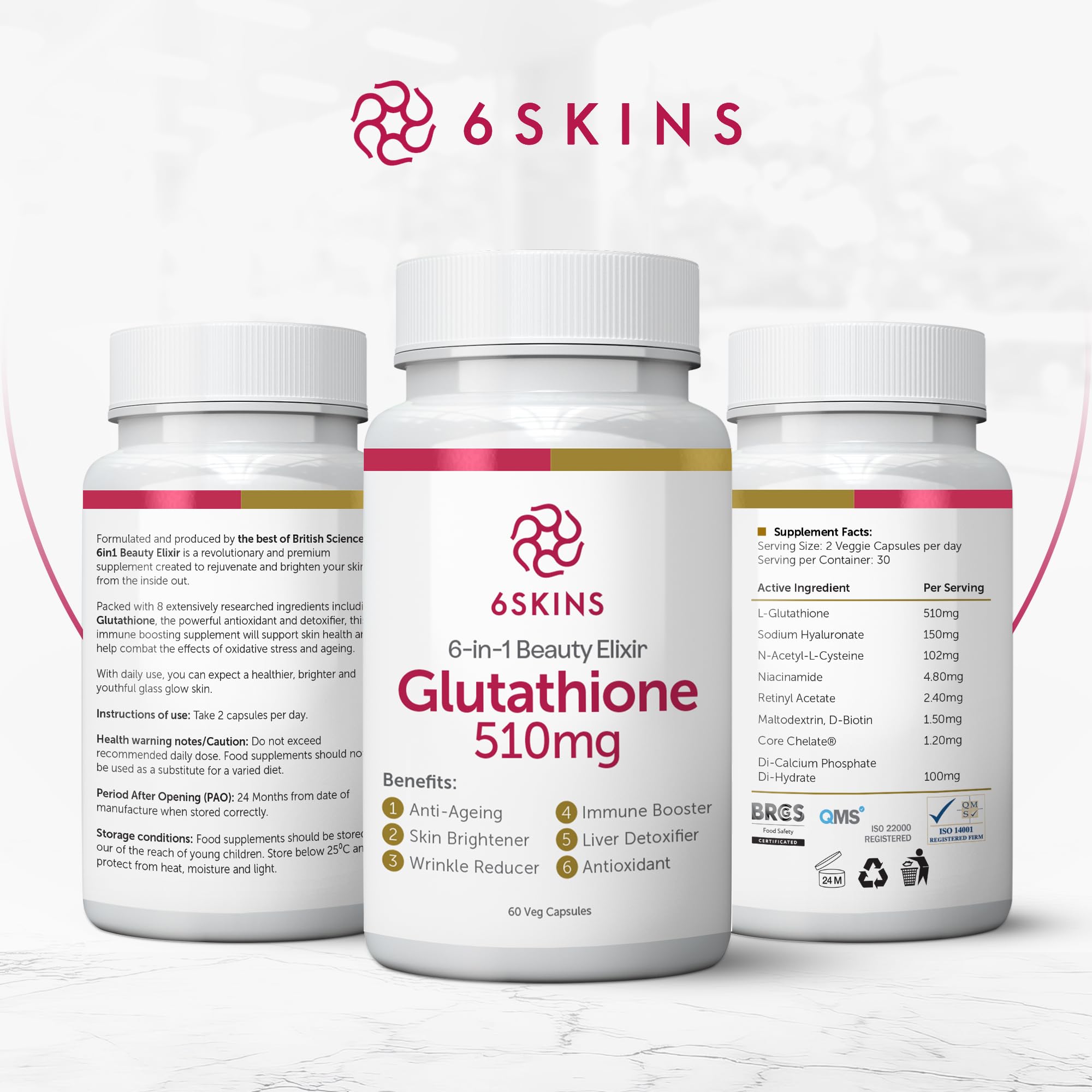 6SKINS Liposomal Glutathione Supplement 510mg capsules