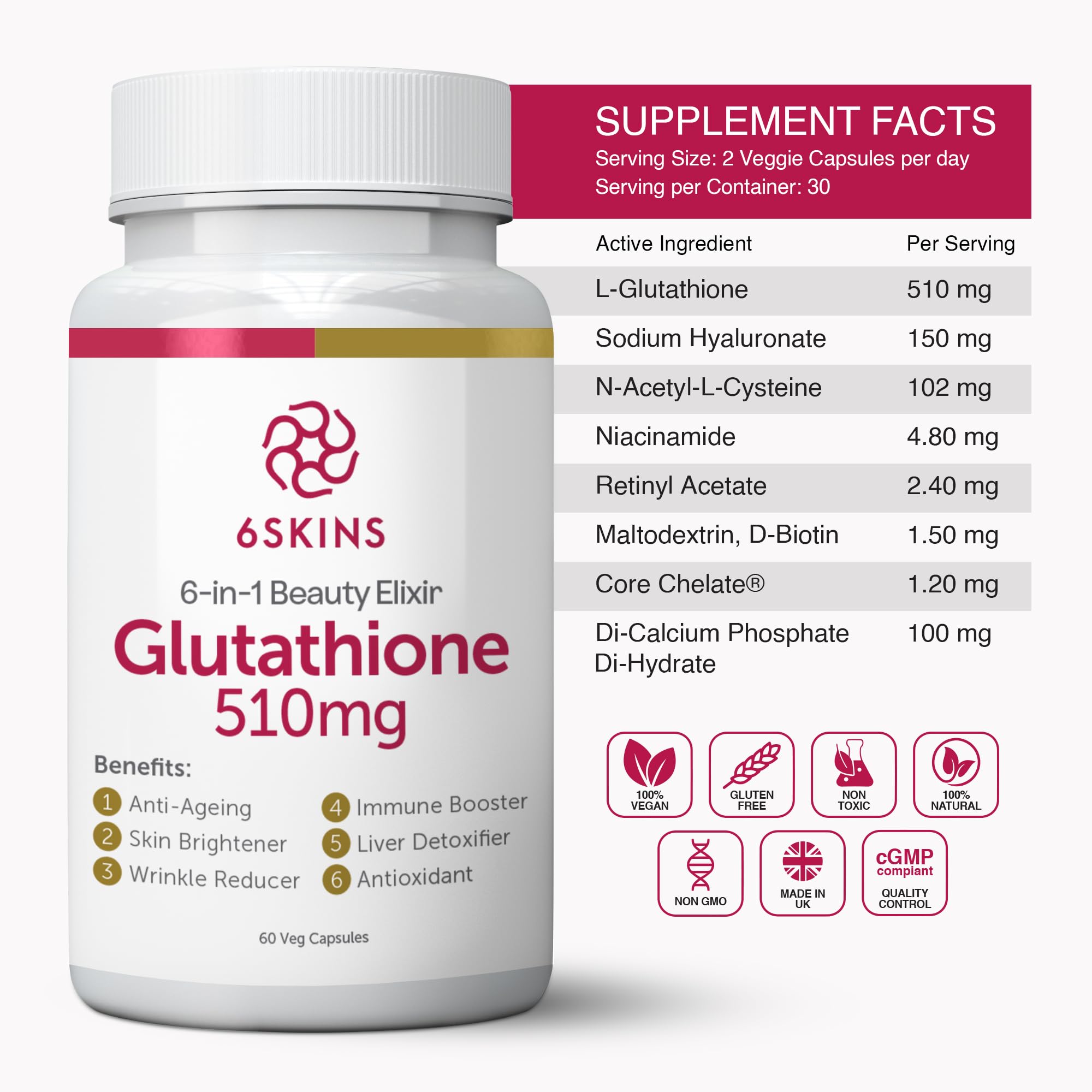 6SKINS Liposomal Glutathione Supplement 510mg packaging