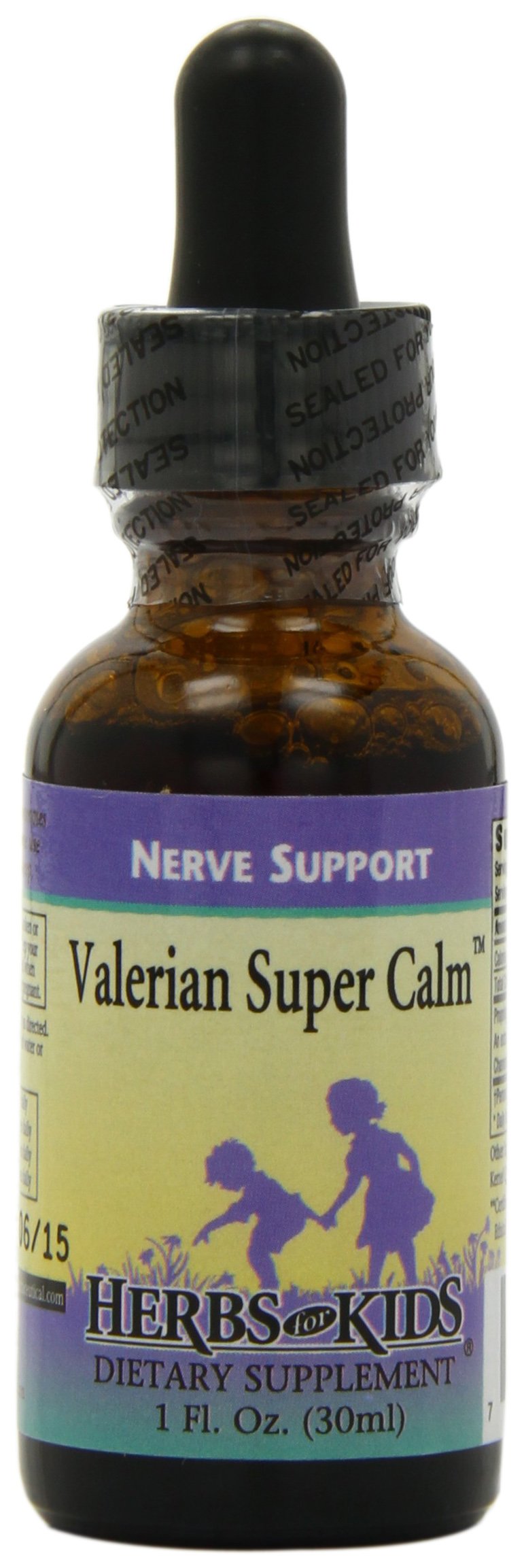 Herbs For Kids Valerian Root Drops 1oz bottle side view on a wooden table