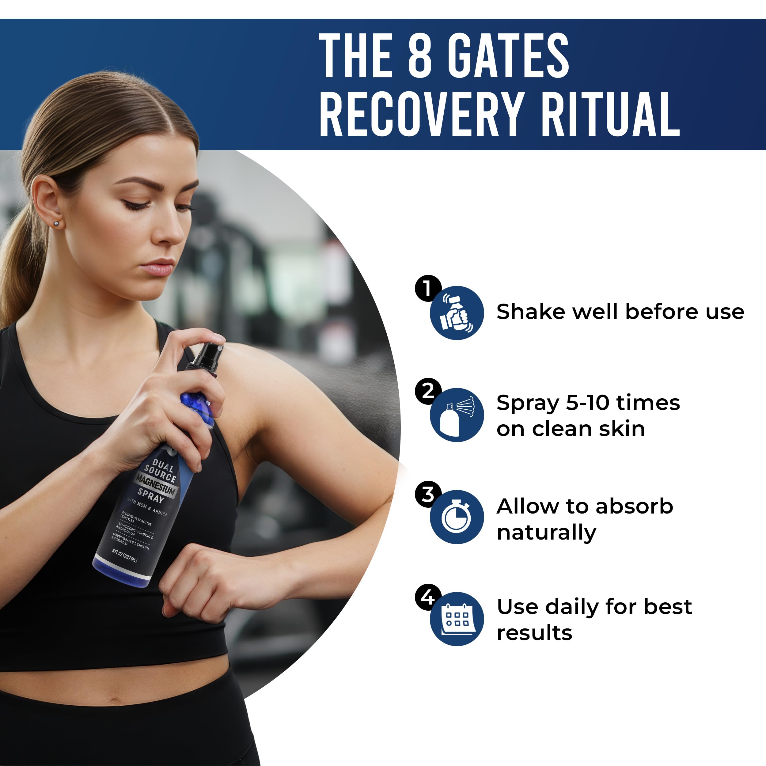 8 Gates Magnesium Oil Spray 281g in use on legs