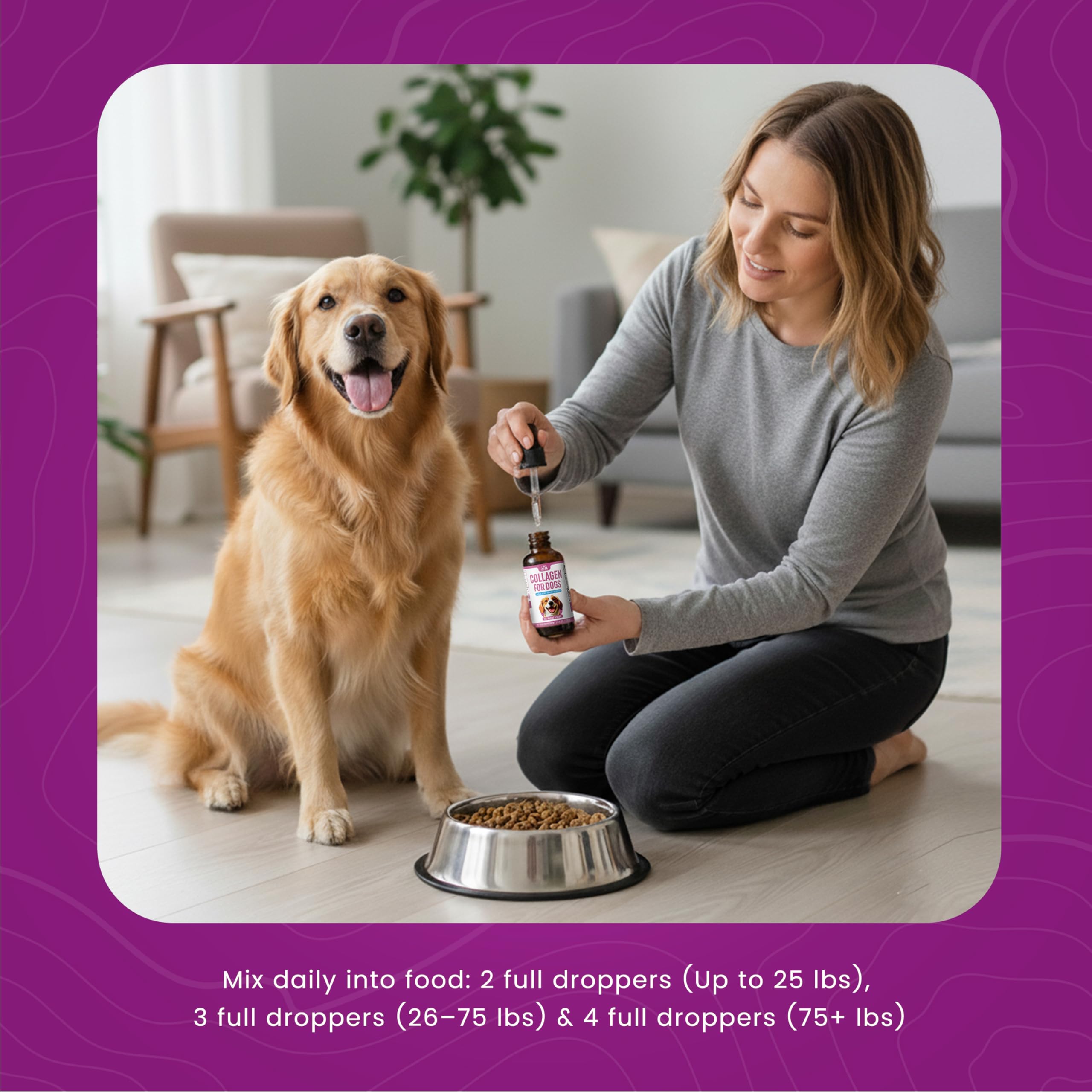 Peak Pets Liquid Collagen for Dogs 240g with a happy dog