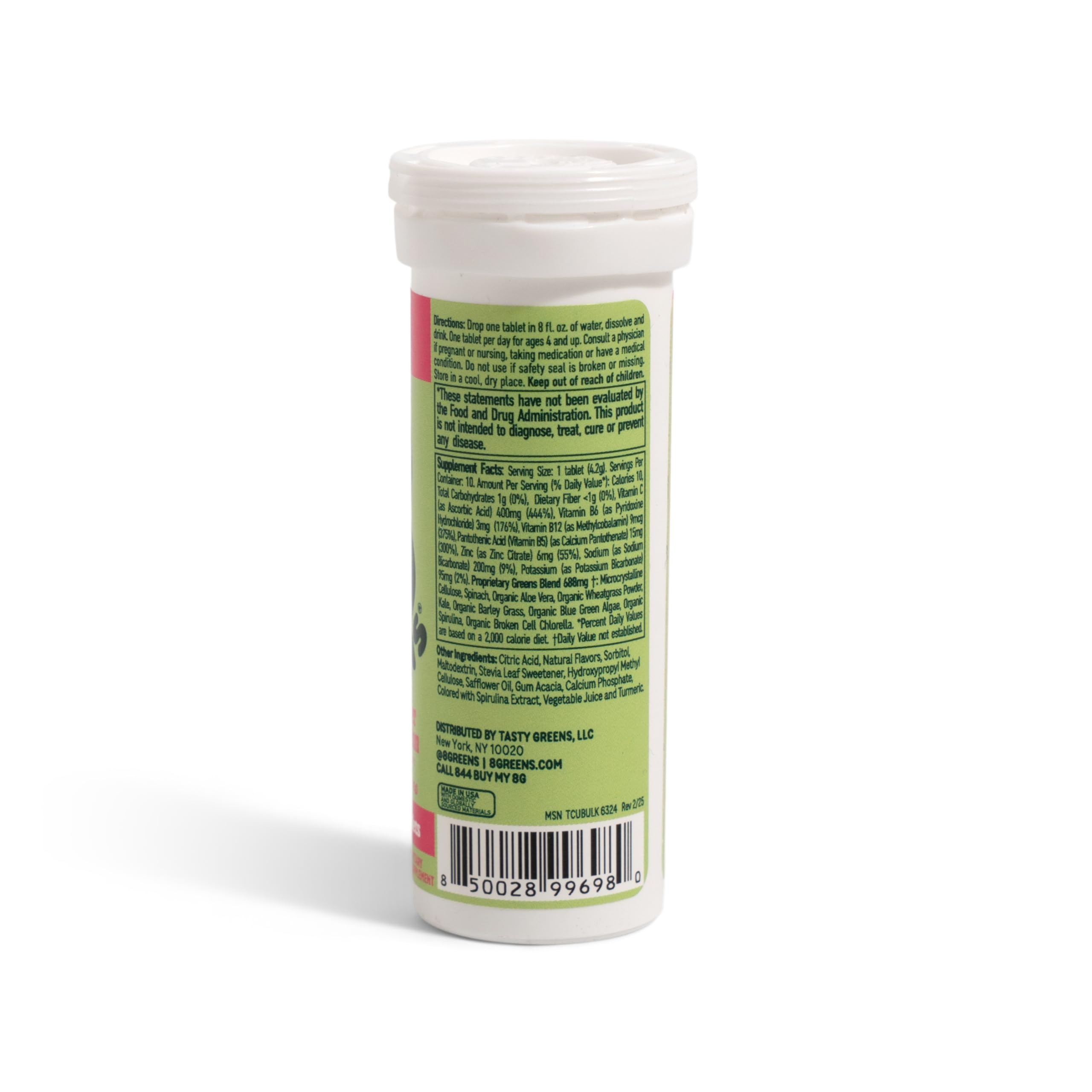 8Greens Super Greens Tablets back view with nutritional information